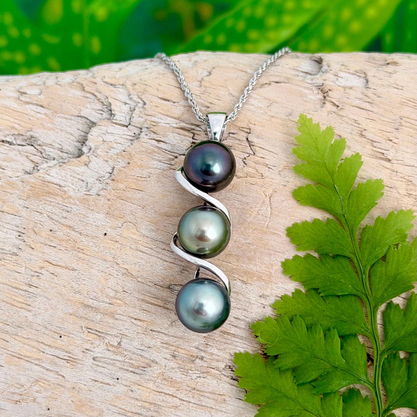 Tahitian pearl pendant • Triple drop jewelry design • Sterling silver swirl setting
