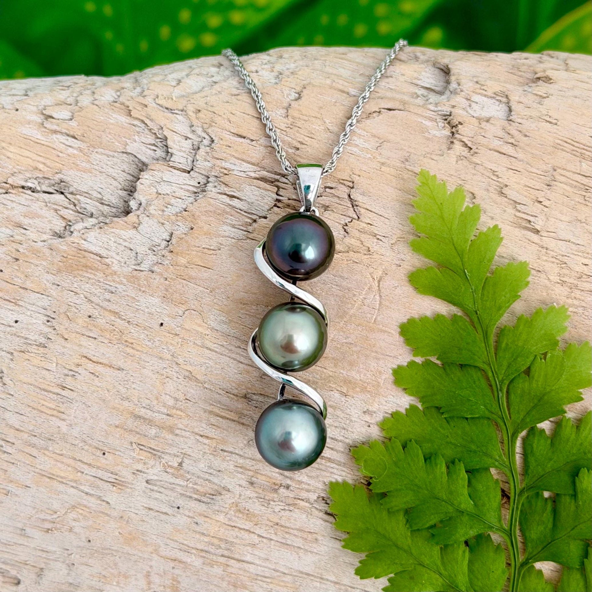 Tahitian pearl pendant • Triple drop jewelry design • Sterling silver swirl setting