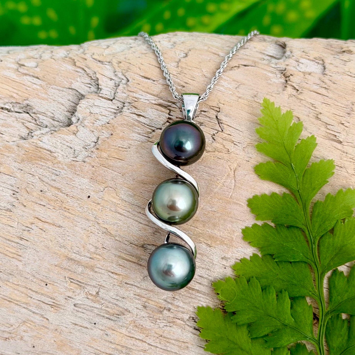 Tahitian pearl pendant • Triple drop jewelry design • Sterling silver swirl setting