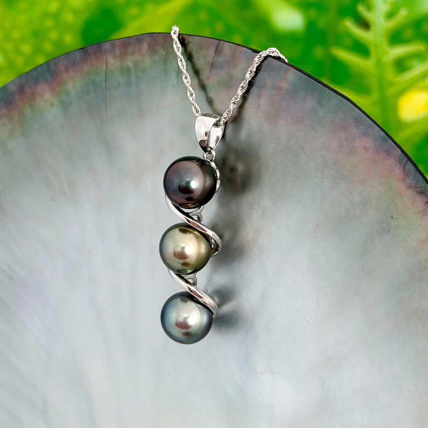 Tahitian pearl pendant • Triple drop jewelry design • Sterling silver swirl setting