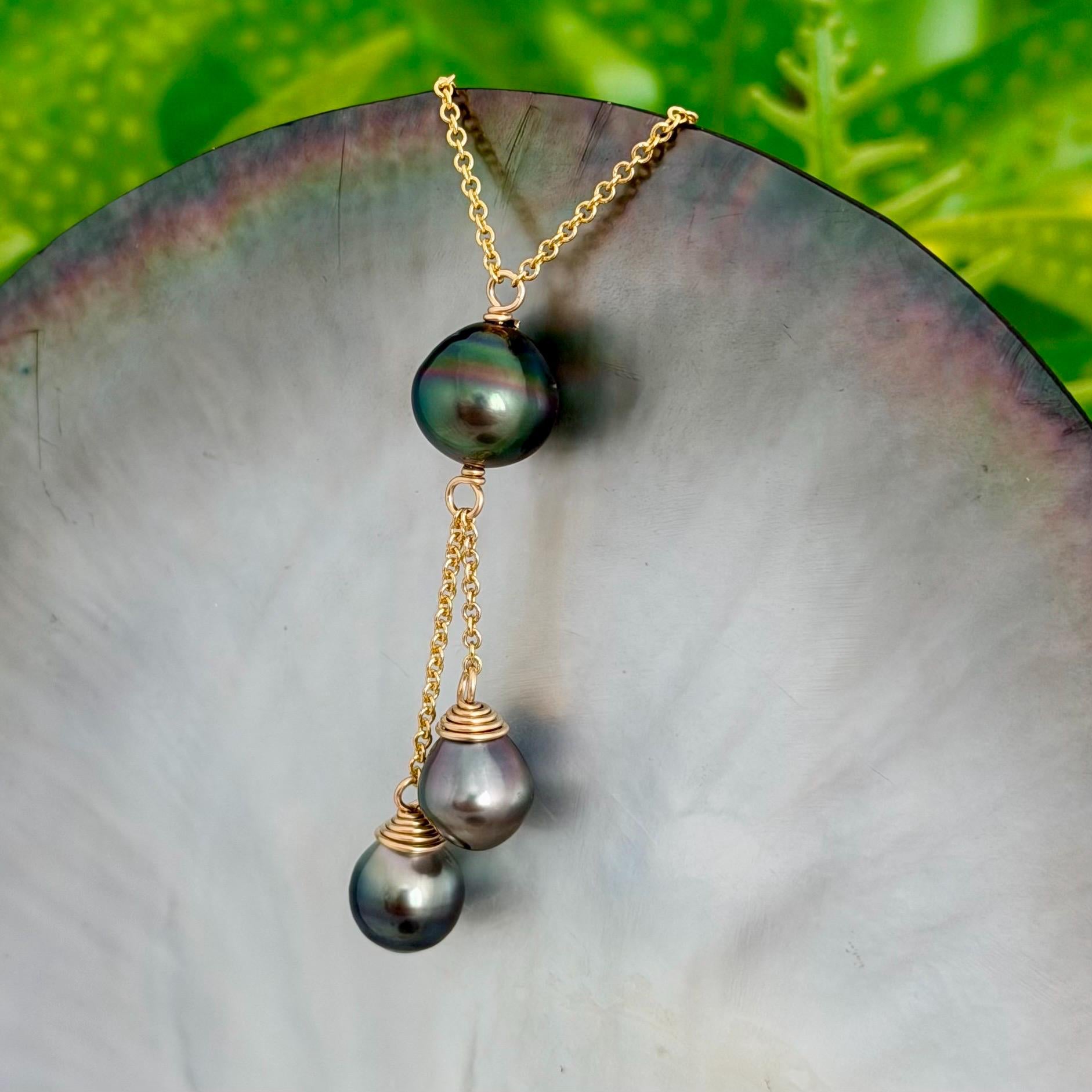 Multicolor Triple dangle Tahitian pearl necklace • Gold filled jewelry