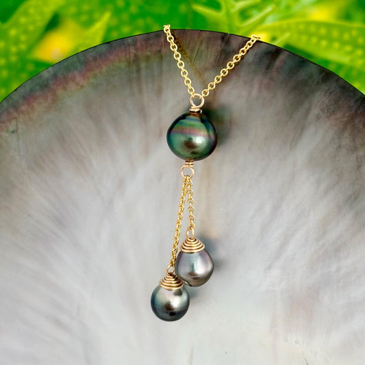 Multicolor Triple dangle Tahitian pearl necklace • Gold filled jewelry