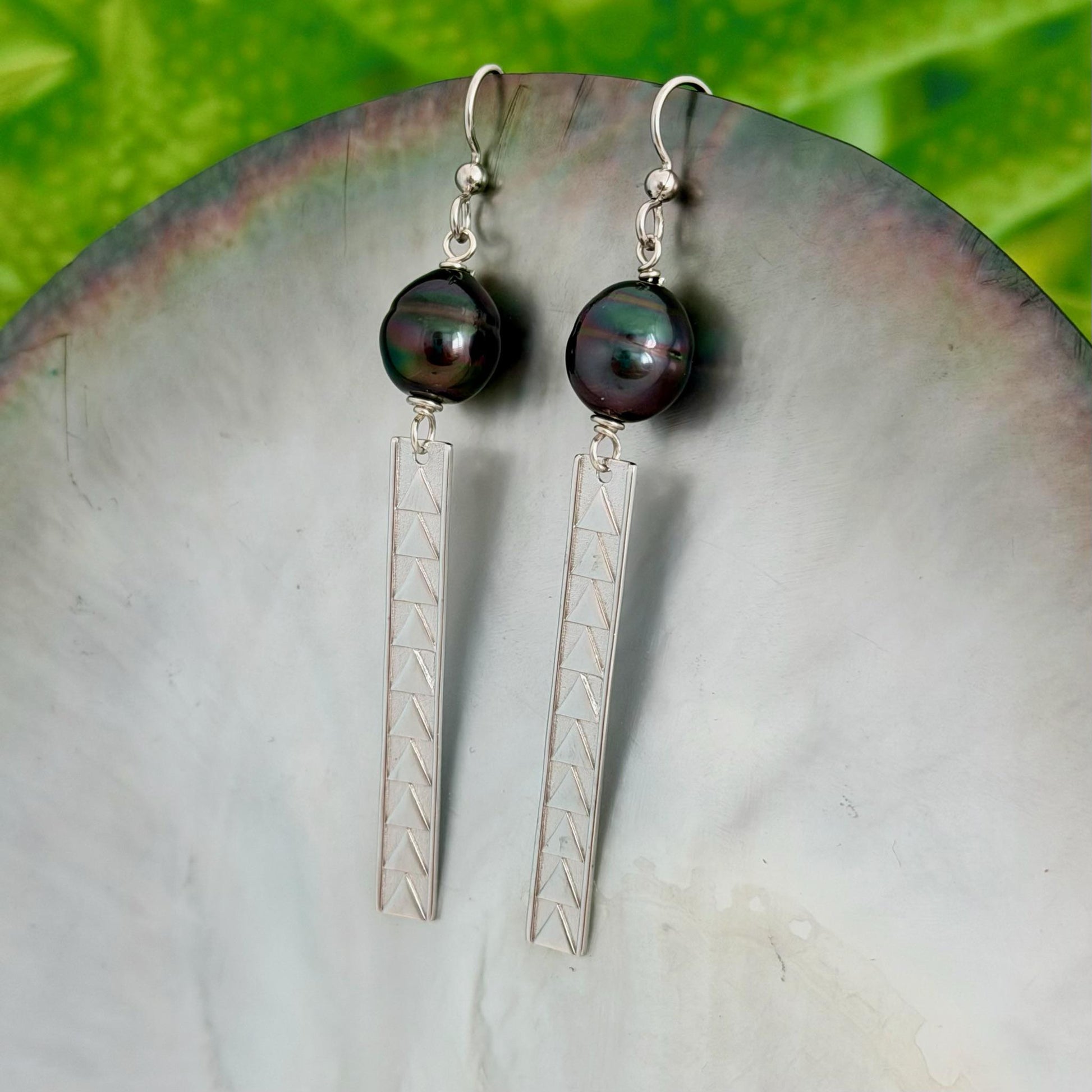 tahitian pearl dangle earrings with triangle bar in sterling silver