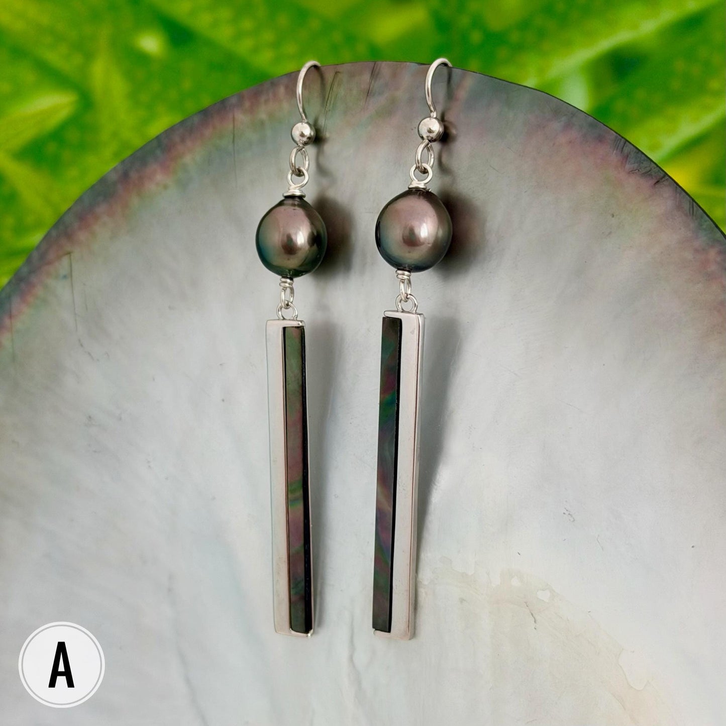 Tahitian Pearl dangle earrings • Shell inlay • Sterling silver