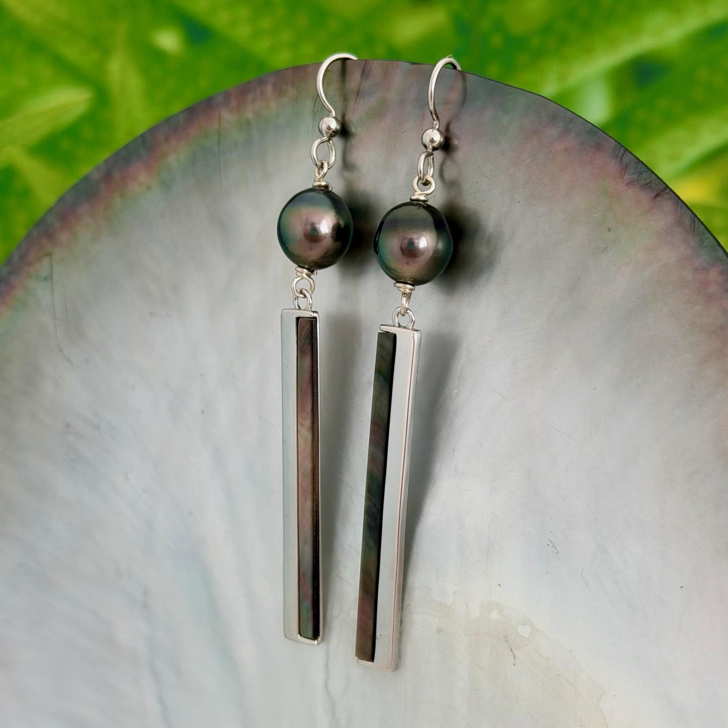 Tahitian Pearl dangle earrings • Shell inlay • Sterling silver