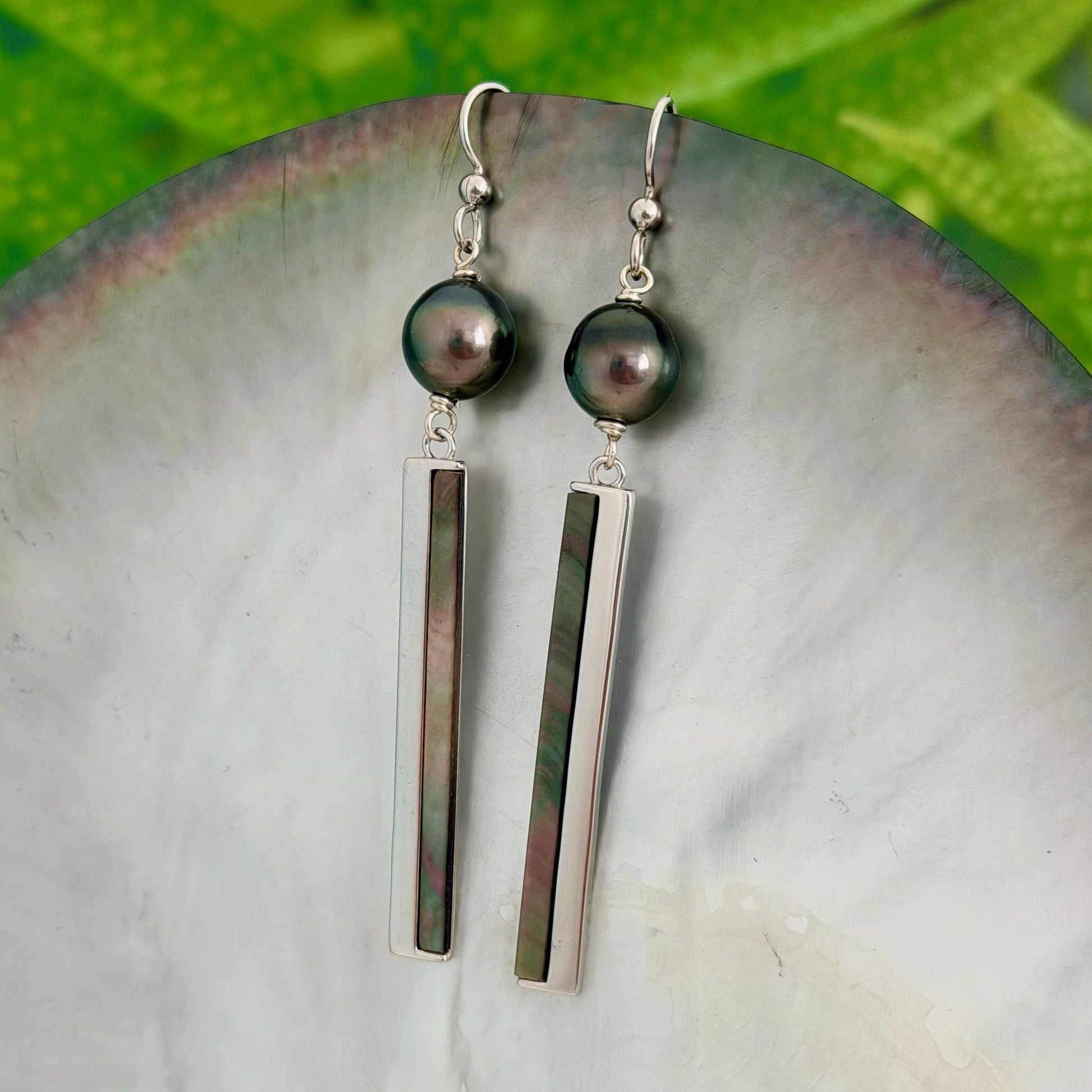 Tahitian Pearl dangle earrings • Shell inlay • Sterling silver