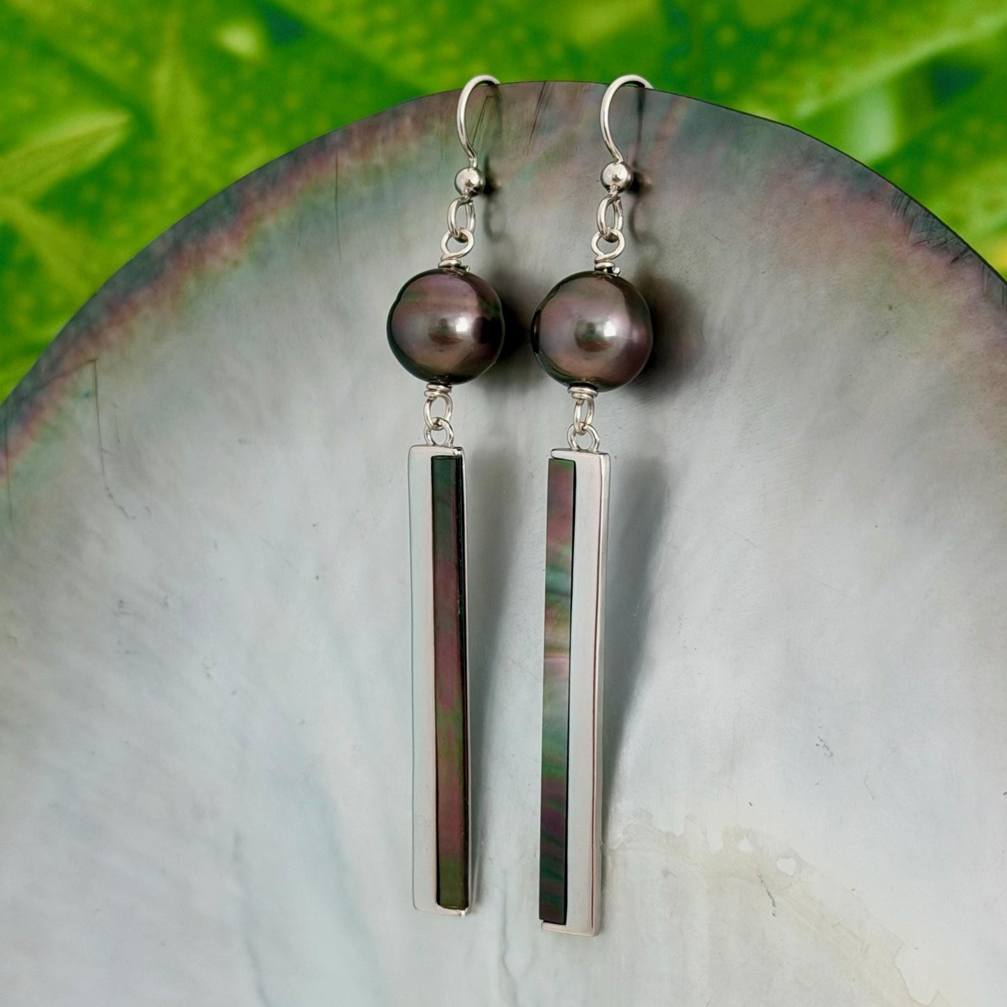 Tahitian Pearl dangle earrings • Shell inlay • Sterling silver