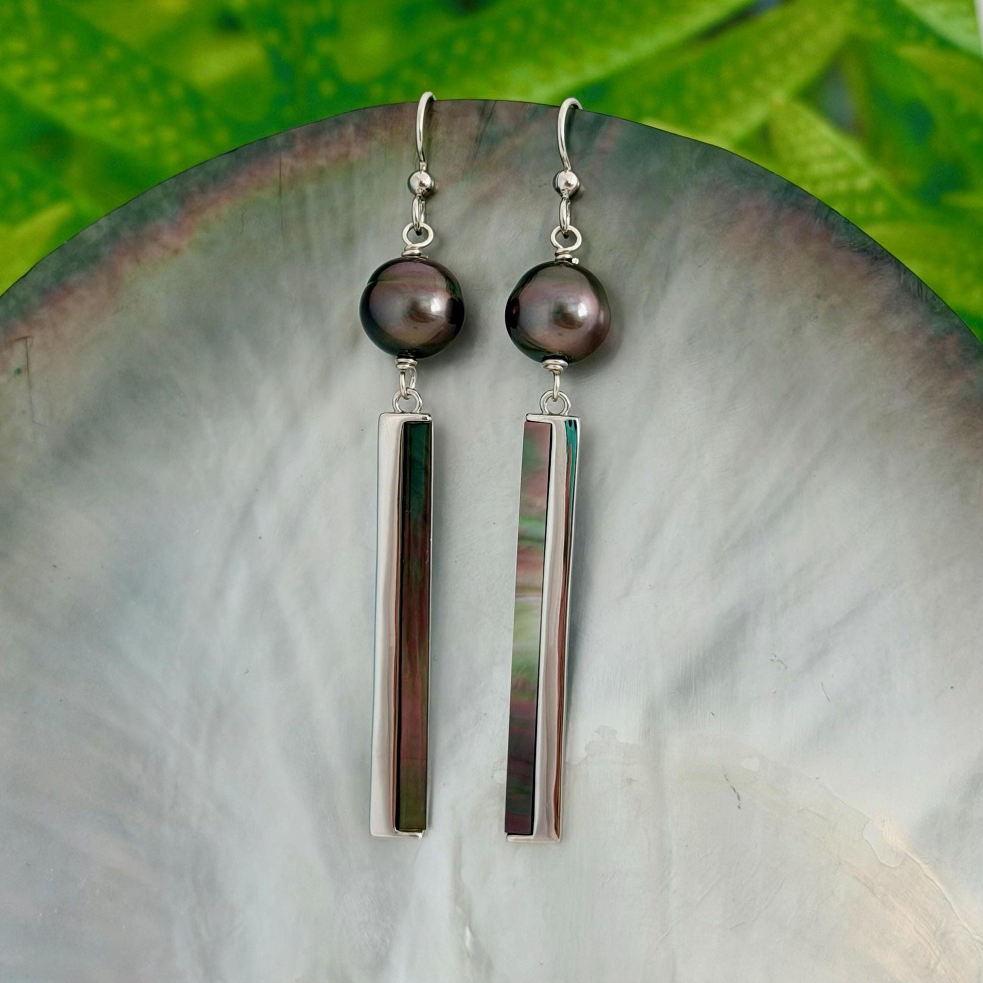 Tahitian pearl earrings, sterling silver inlay