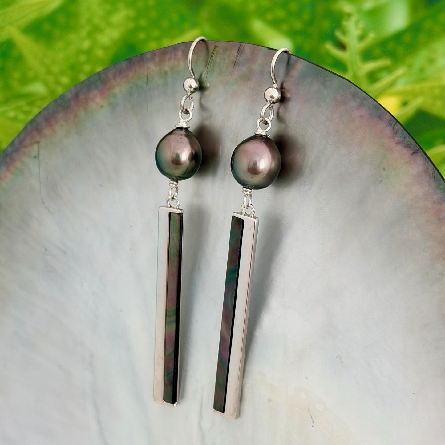 Tahitian Pearl dangle earrings • Shell inlay • Sterling silver