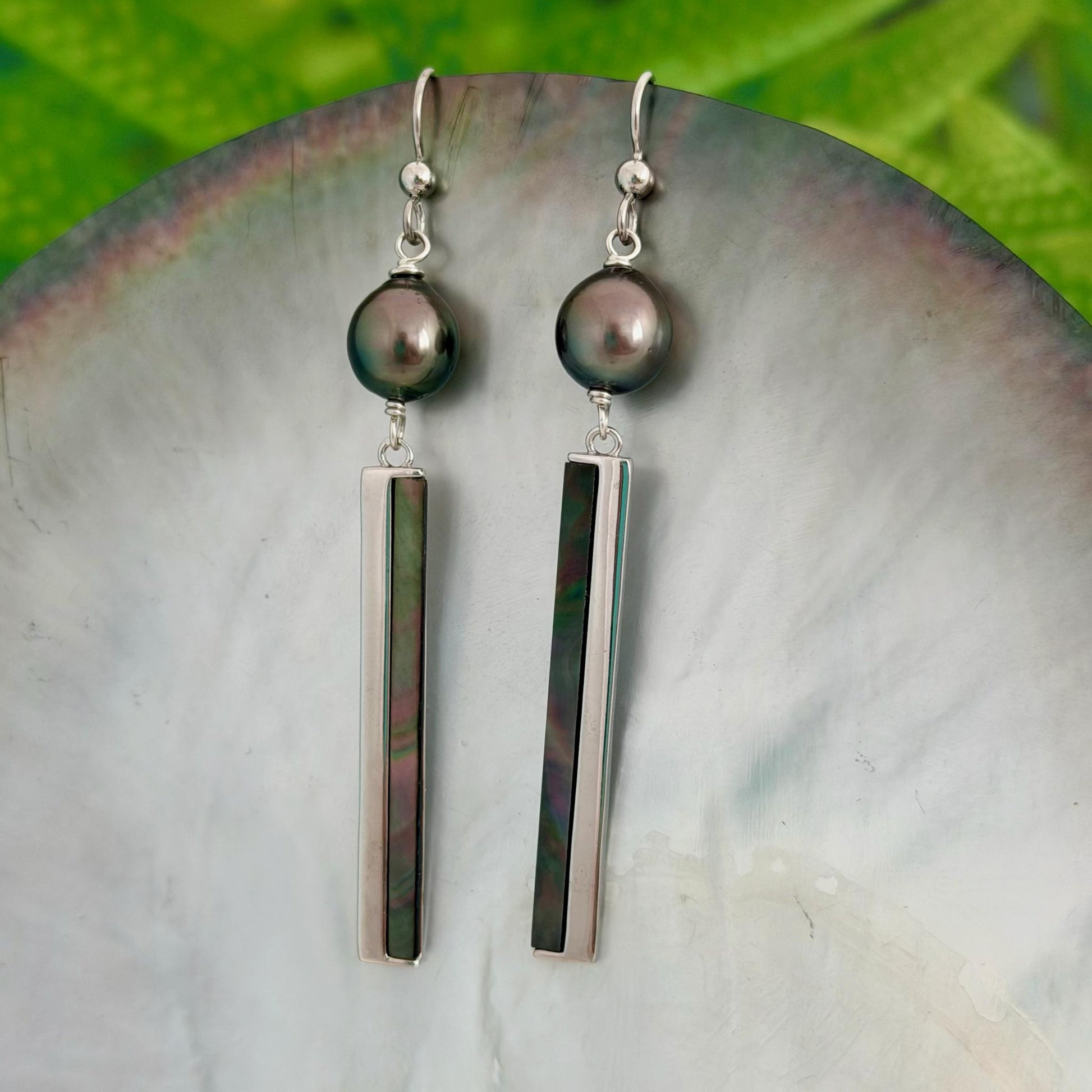 Tahitian Pearl dangle earrings • Shell inlay • Sterling silver