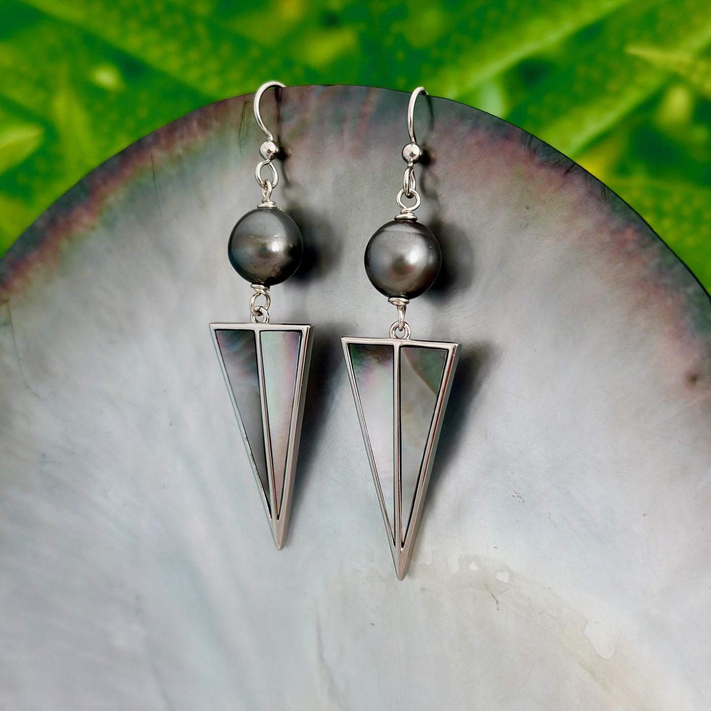 Tahitian Pearl Earrings with Mother of Pearl Inlay – Sterling Silver Dangle jewelry