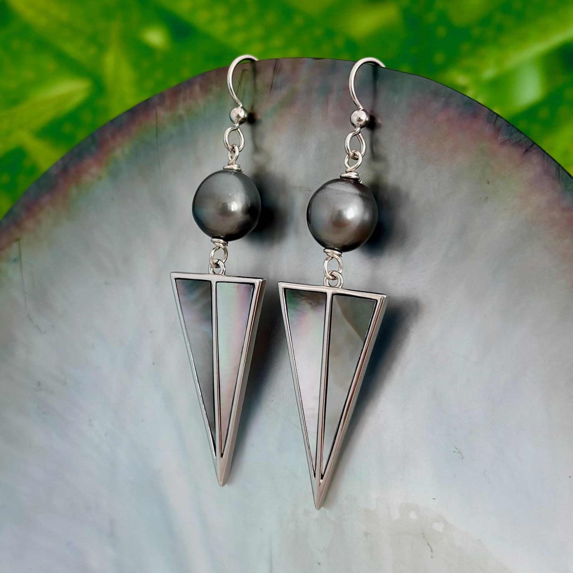 Tahitian Pearl Earrings with Mother of Pearl Inlay – Sterling Silver Dangle jewelry
