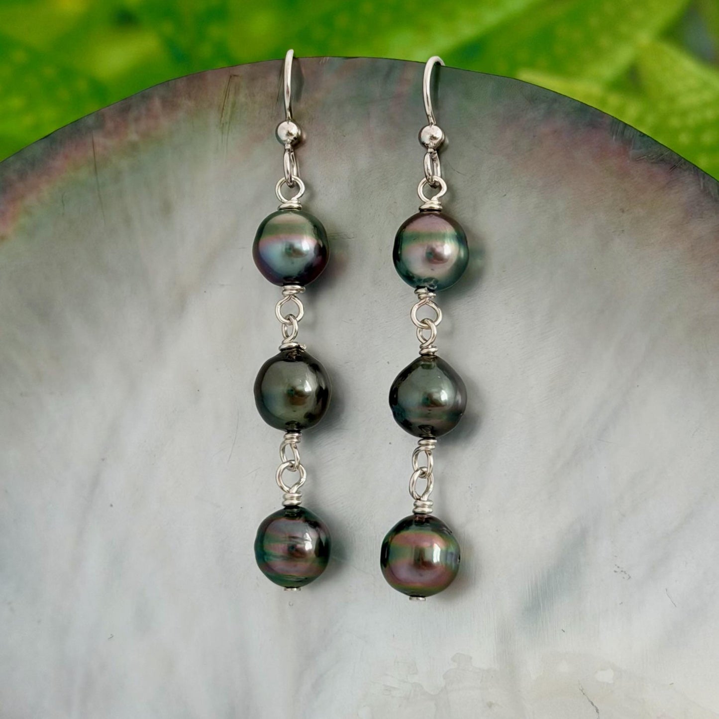 Tahitian Pearl Earrings • Triple Drop Dangle • Sterling silver Jewelry