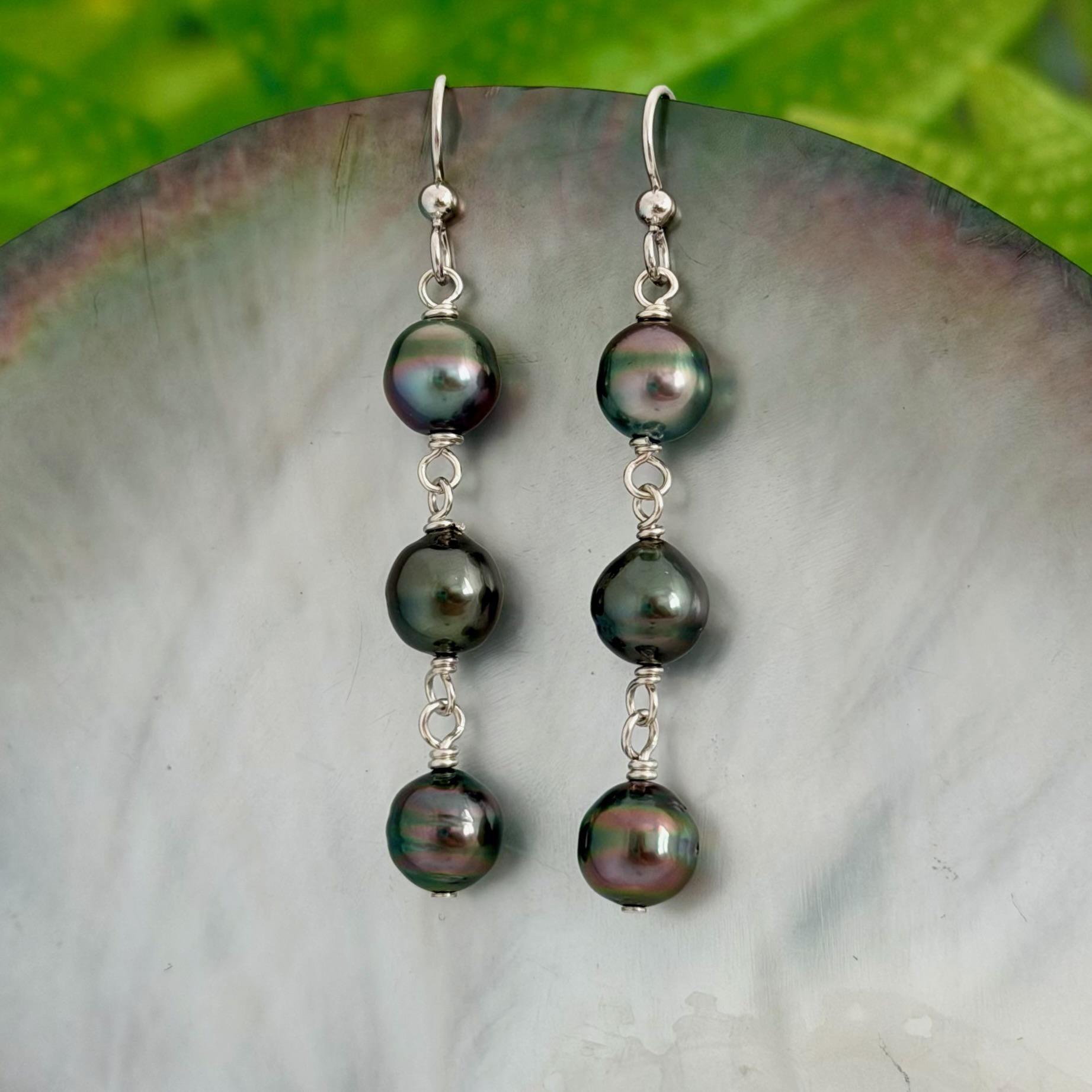 Tahitian Pearl Earrings • Triple Drop Dangle • Sterling silver Jewelry