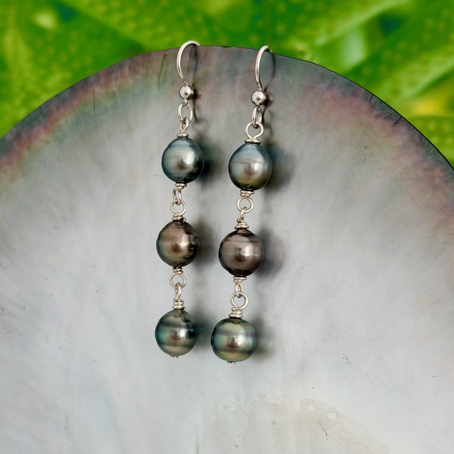 Tahitian Pearl Earrings • Triple Drop Dangle • Sterling silver Jewelry
