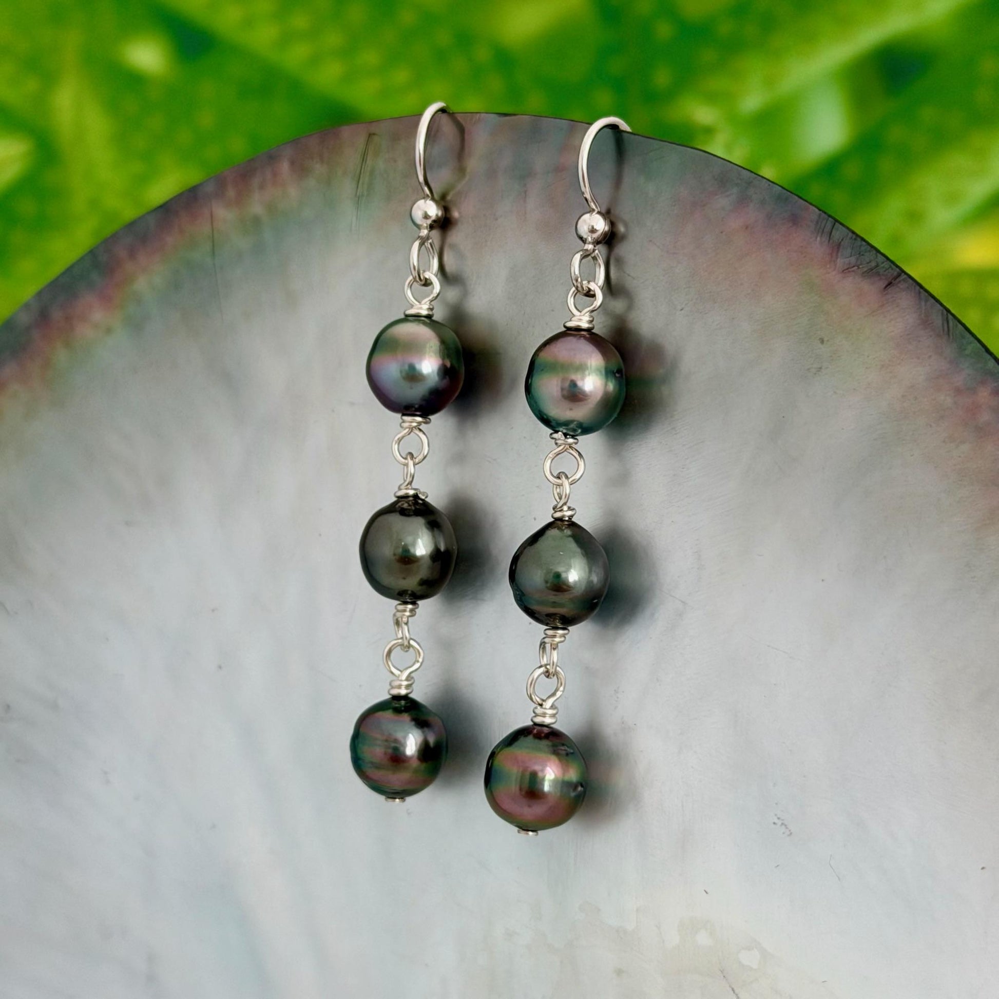Tahitian Pearl Earrings • Triple Drop Dangle • Sterling silver Jewelry
