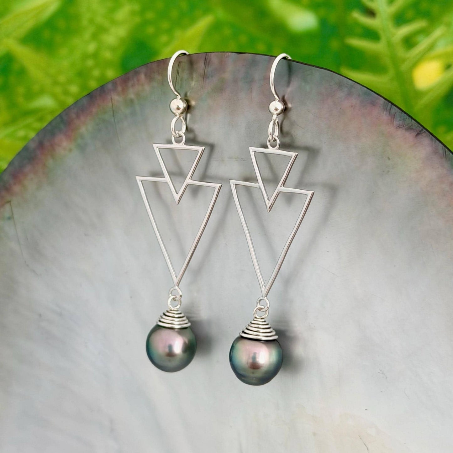 Tahitian Pearl Earrings – Triangle Design • Sterling silver Jewelry