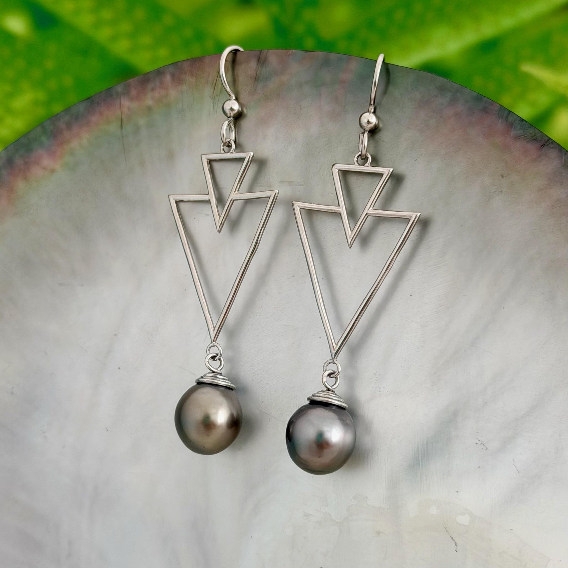 Tahitian Pearl Earrings – Triangle Design • Sterling silver Jewelry