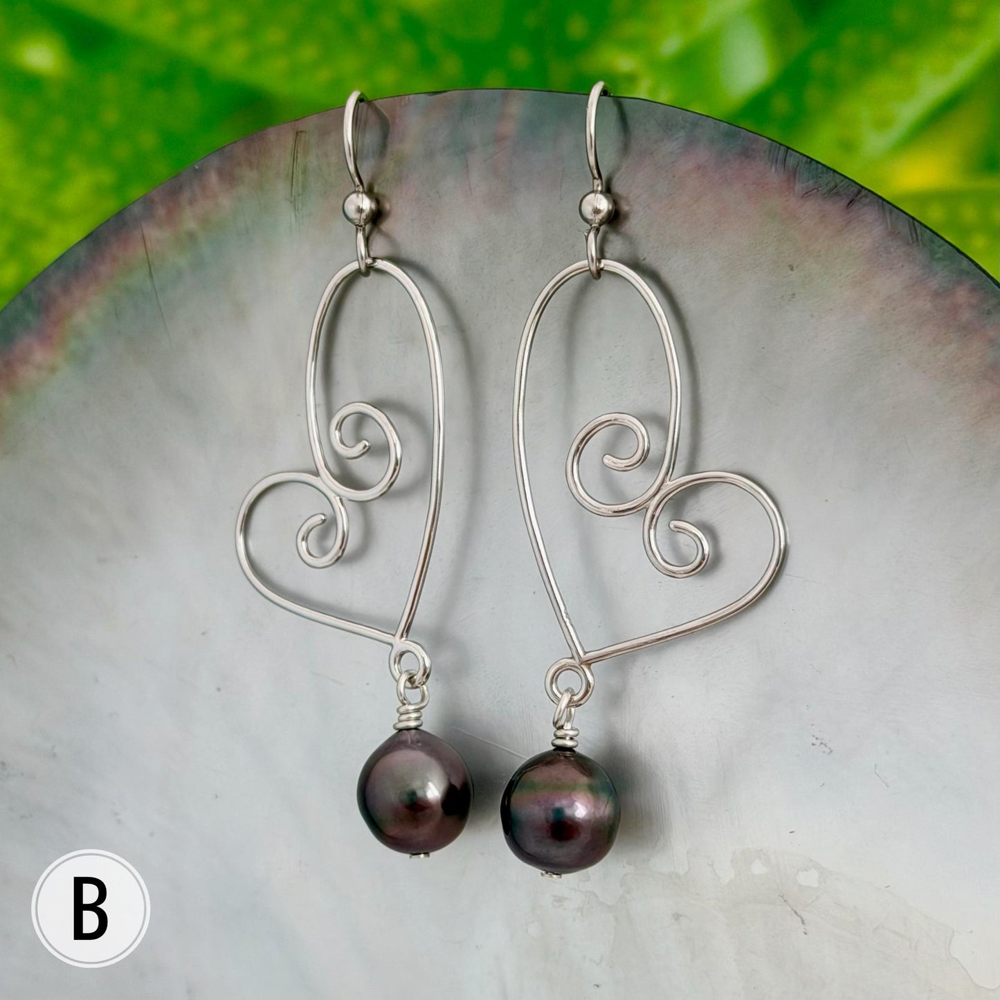 Tahitian Pearl Dangle Earrings • Sterling silver heart jewelry