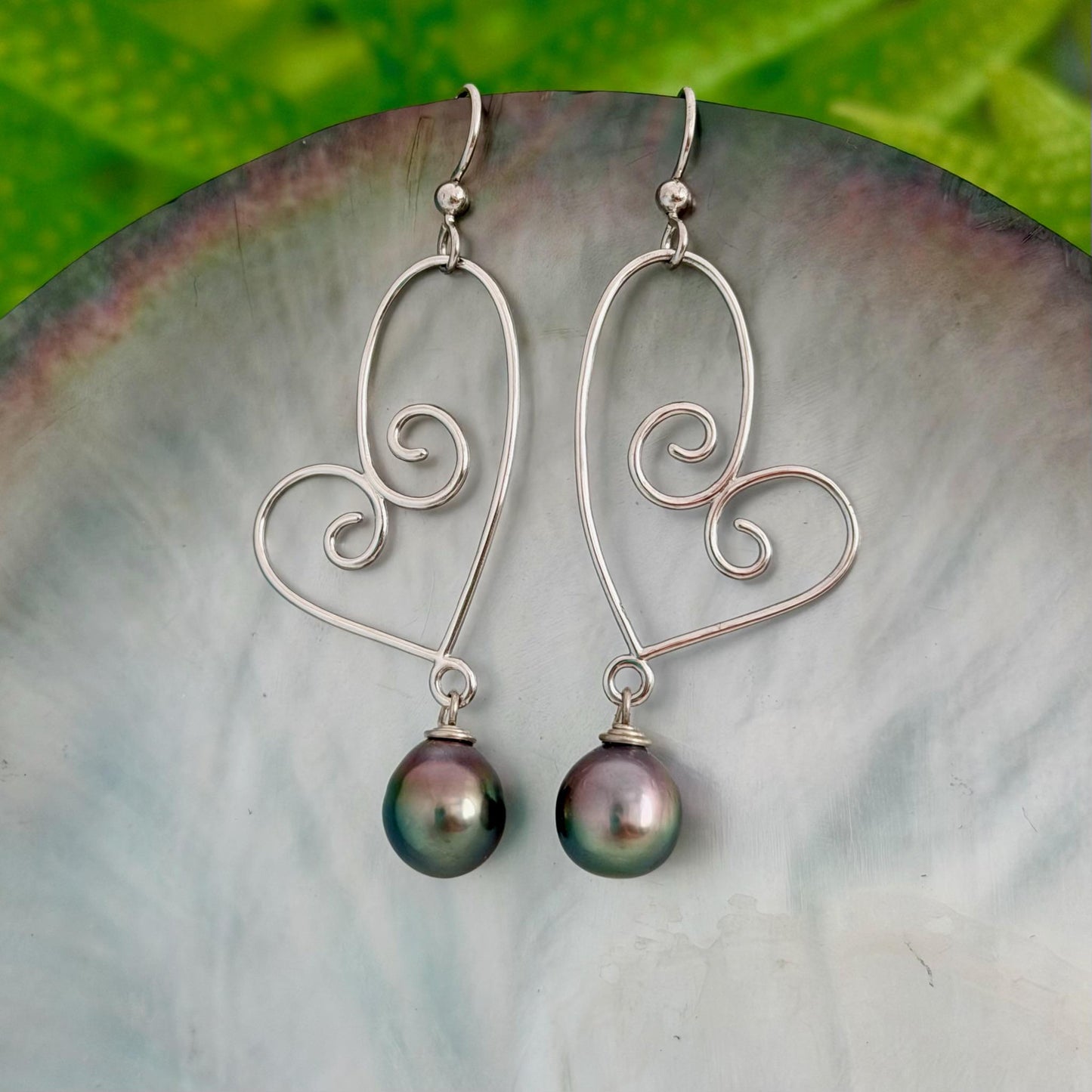 Tahitian Pearl Dangle Earrings • Sterling silver heart jewelry