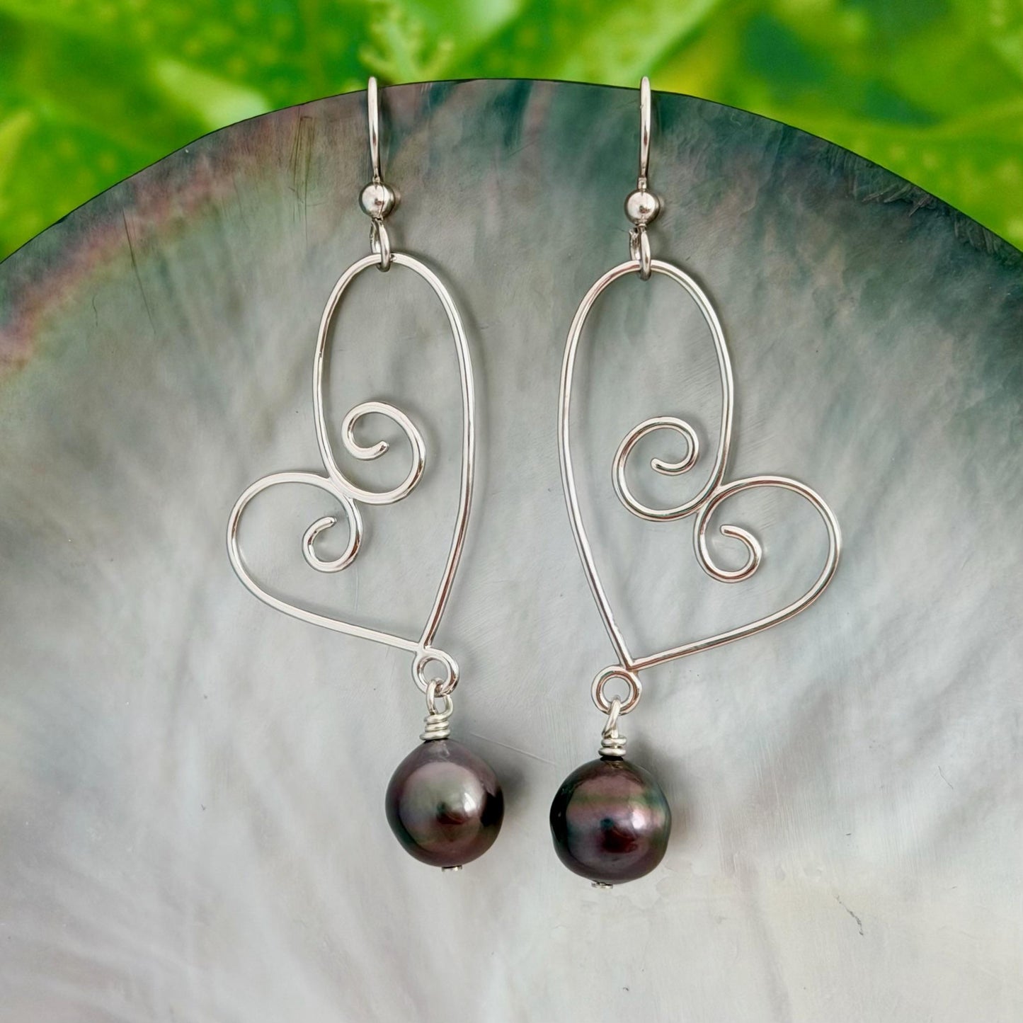 Tahitian Pearl Dangle Earrings • Sterling silver heart jewelry