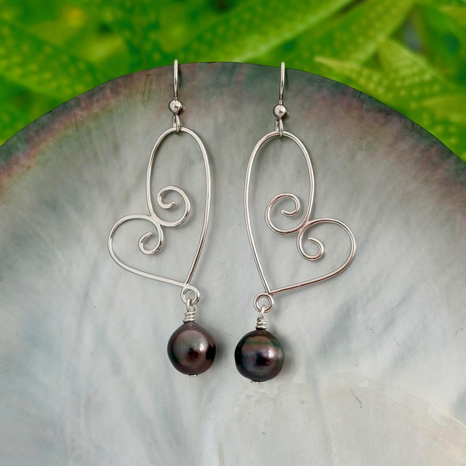 Tahitian Pearl Dangle Earrings • Sterling silver heart jewelry