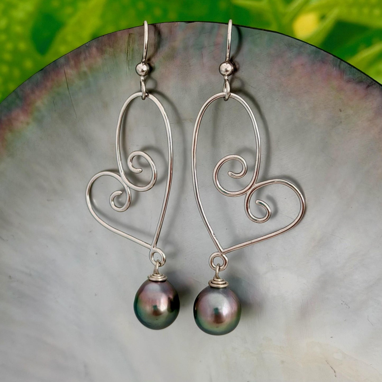 Tahitian Pearl Dangle Earrings • Sterling silver heart jewelry