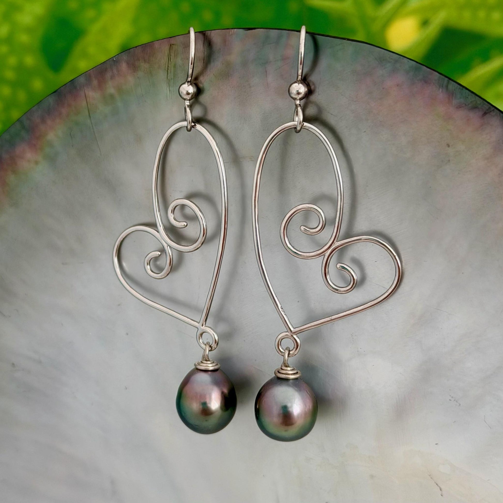 Tahitian Pearl Dangle Earrings • Sterling silver heart jewelry