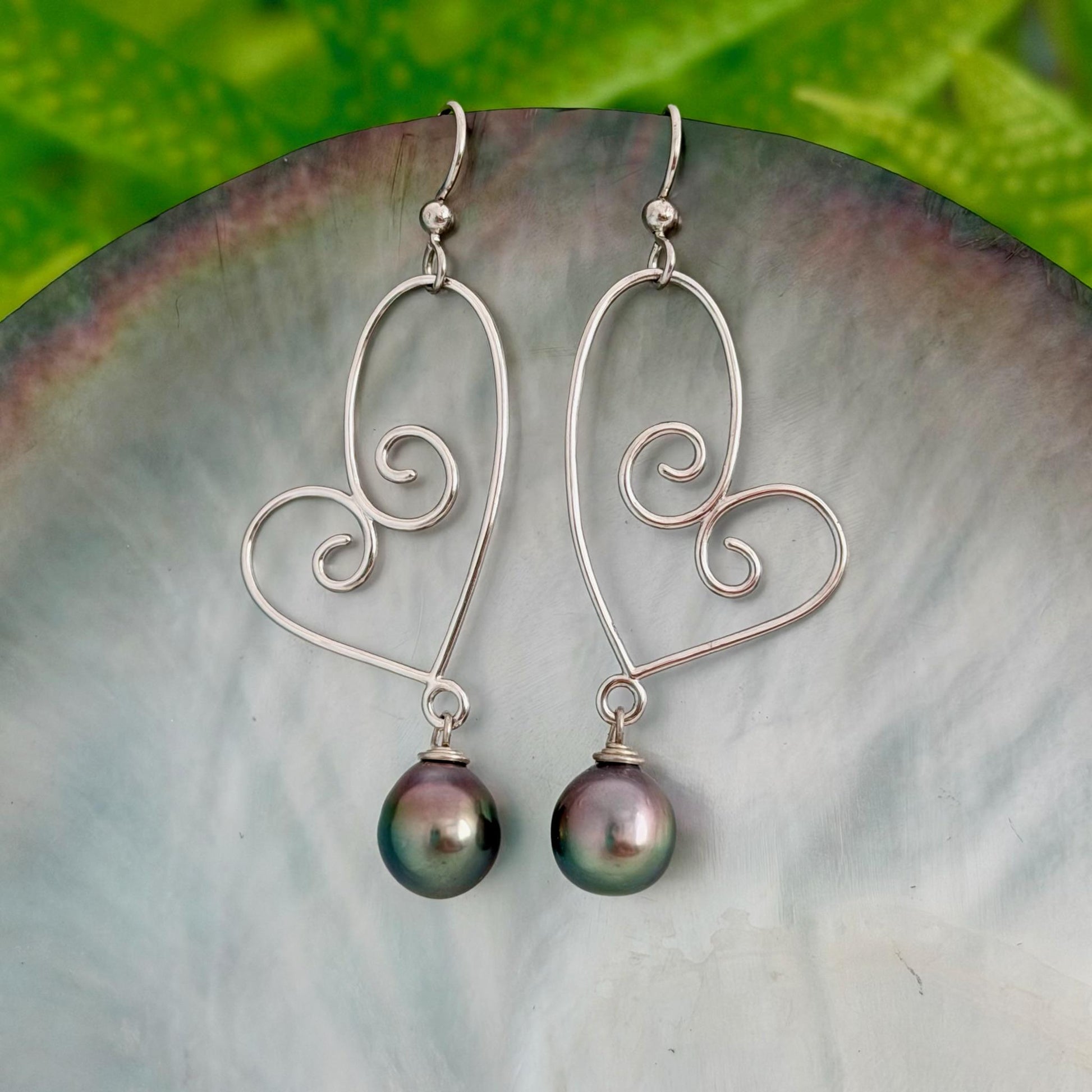 Tahitian Pearl Dangle Earrings • Sterling silver heart jewelry