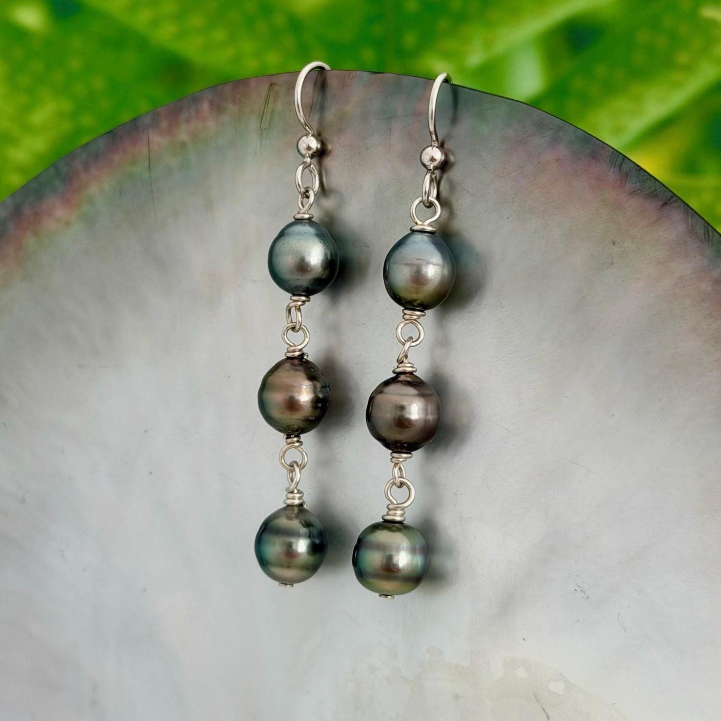 Tahitian Pearl Earrings • Triple Drop Dangle • Sterling silver Jewelry