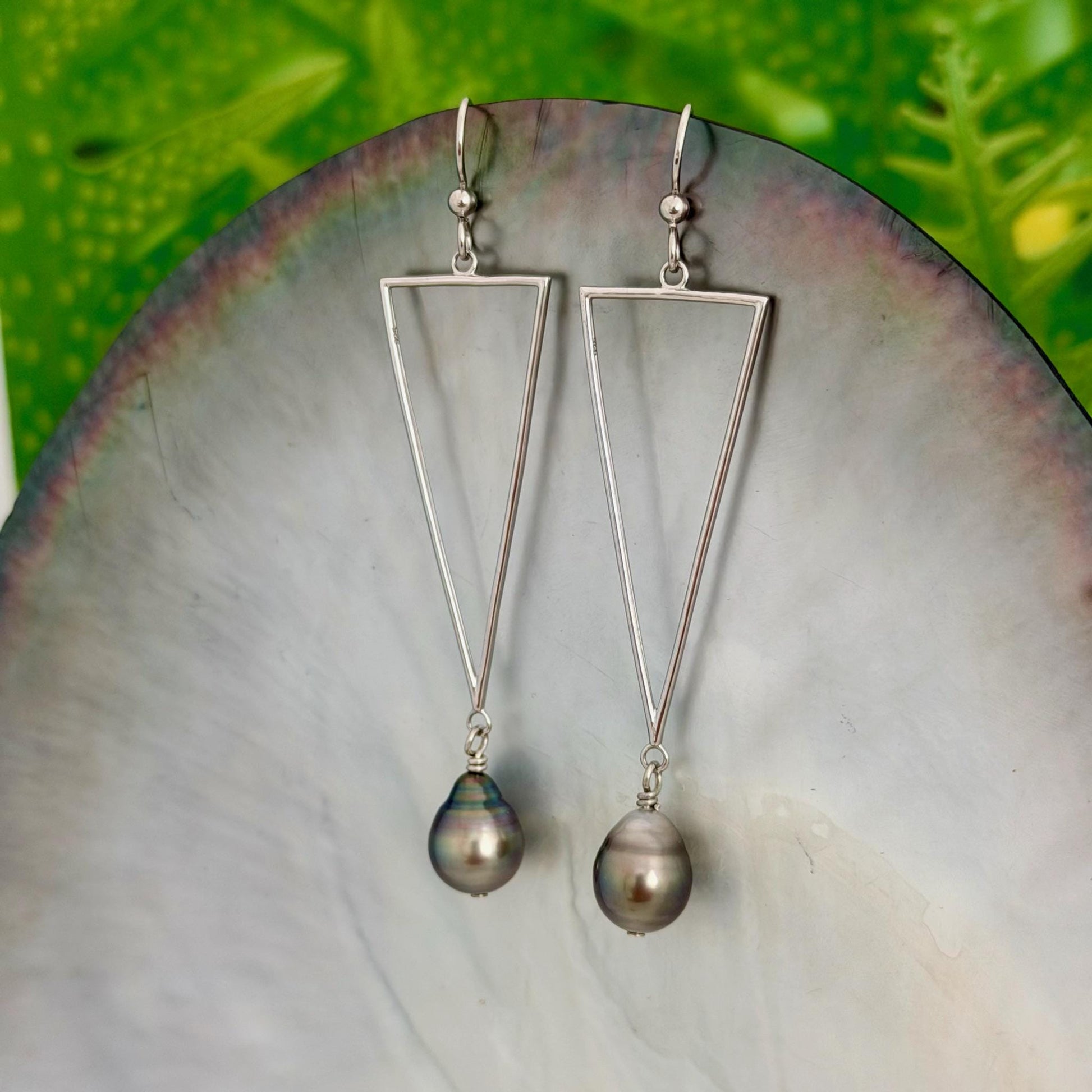 Sterling silver triangle earrings with tahitian pearls