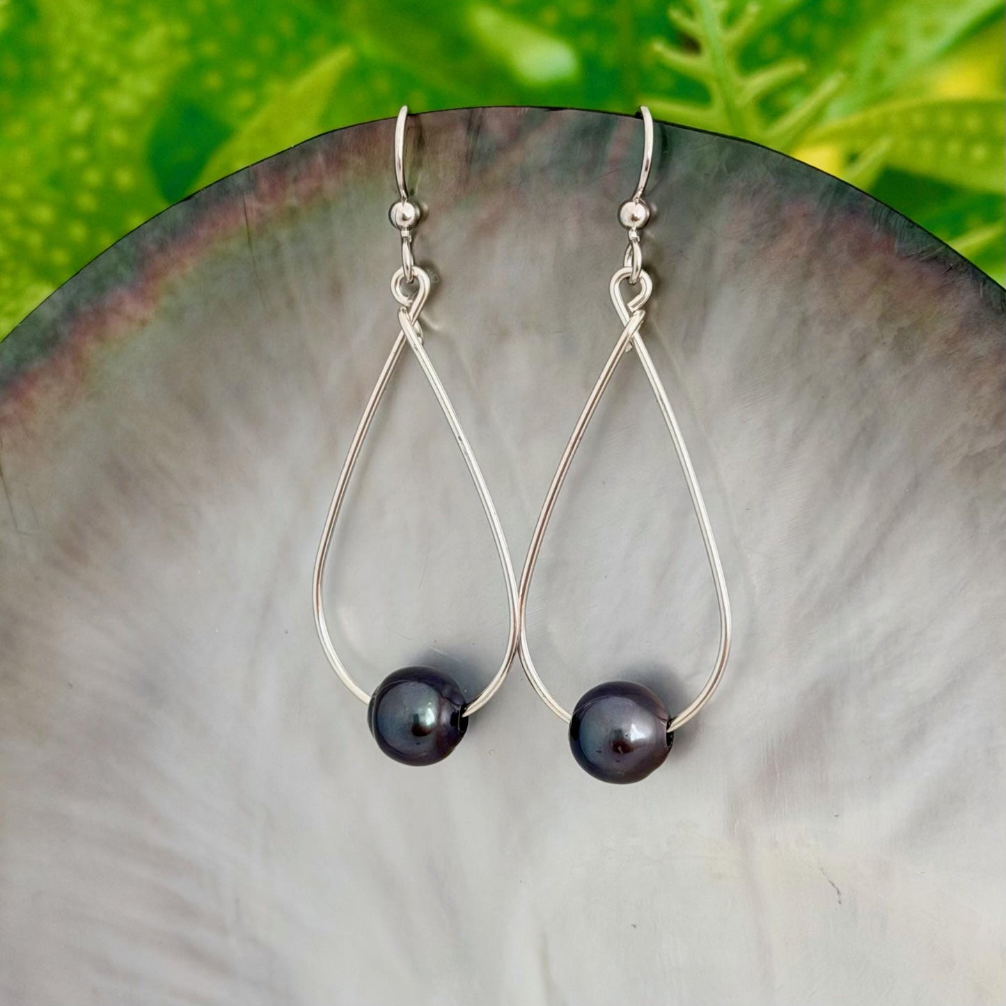 Tahitian Pearl Earrings – Sterling silver Teardrop Hoop • everyday jewelry