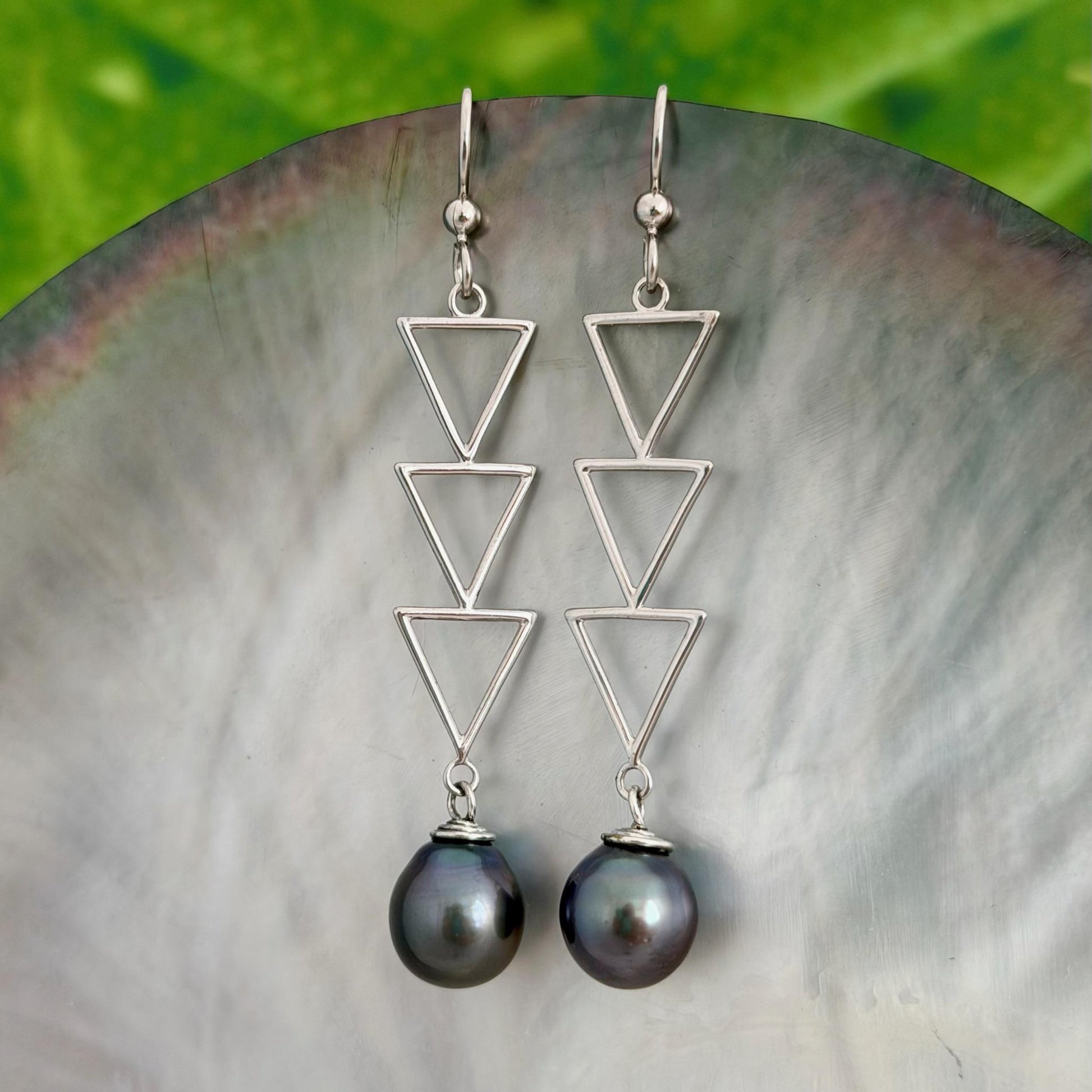 DOORBUSTER Triangle Tahitian Pearl Earrings • Triple dangle jewelry