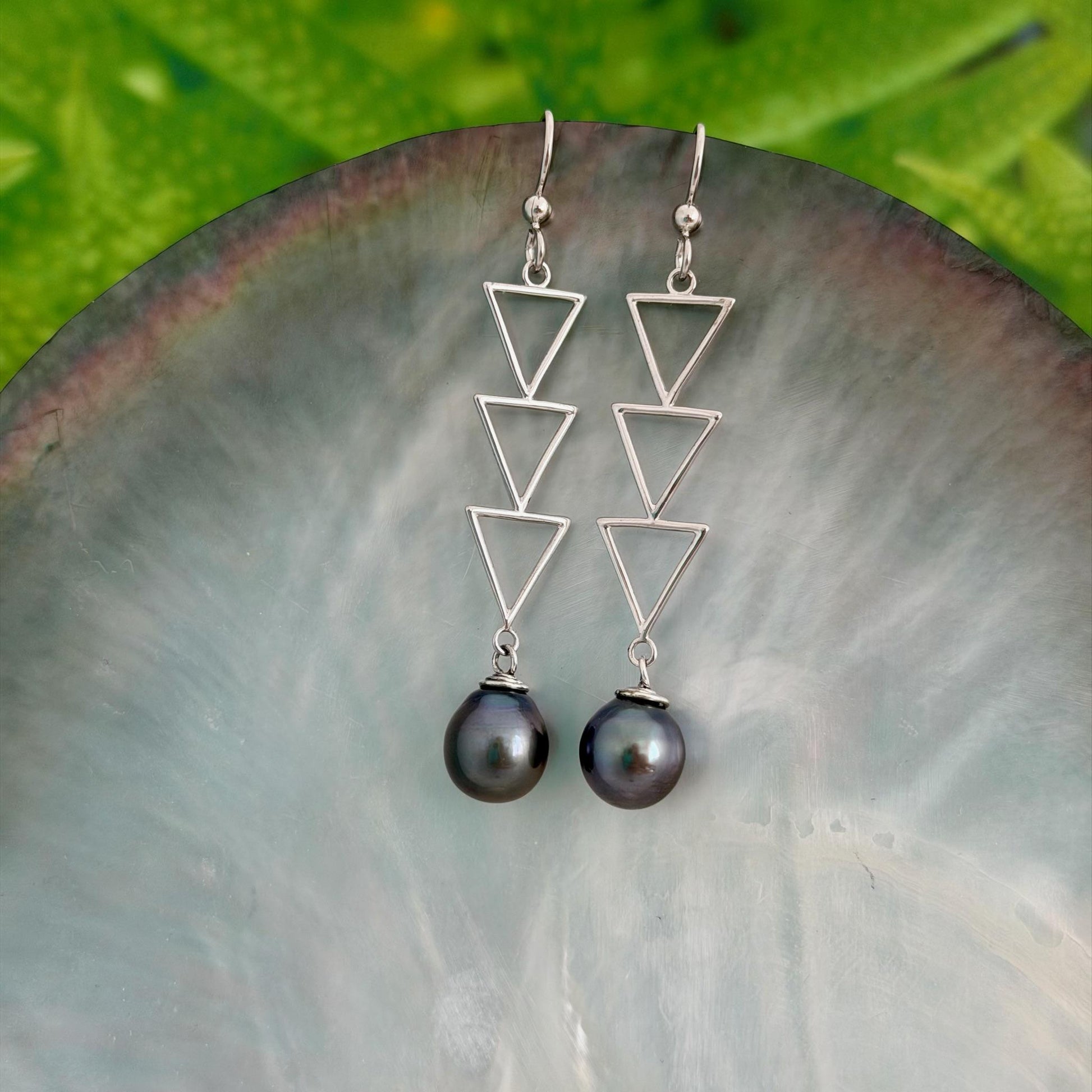DOORBUSTER Triangle Tahitian Pearl Earrings • Triple dangle jewelry