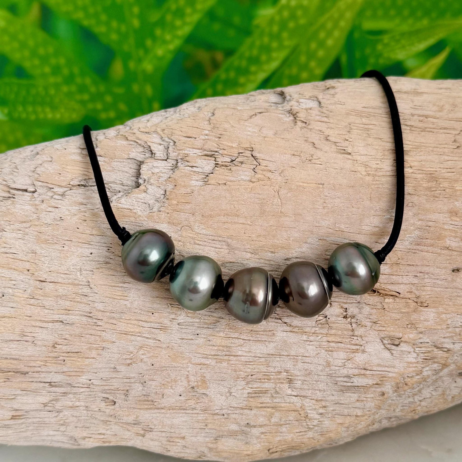 Tahitian pearl leather necklace • Big 13mm+ • black cord jewelry
