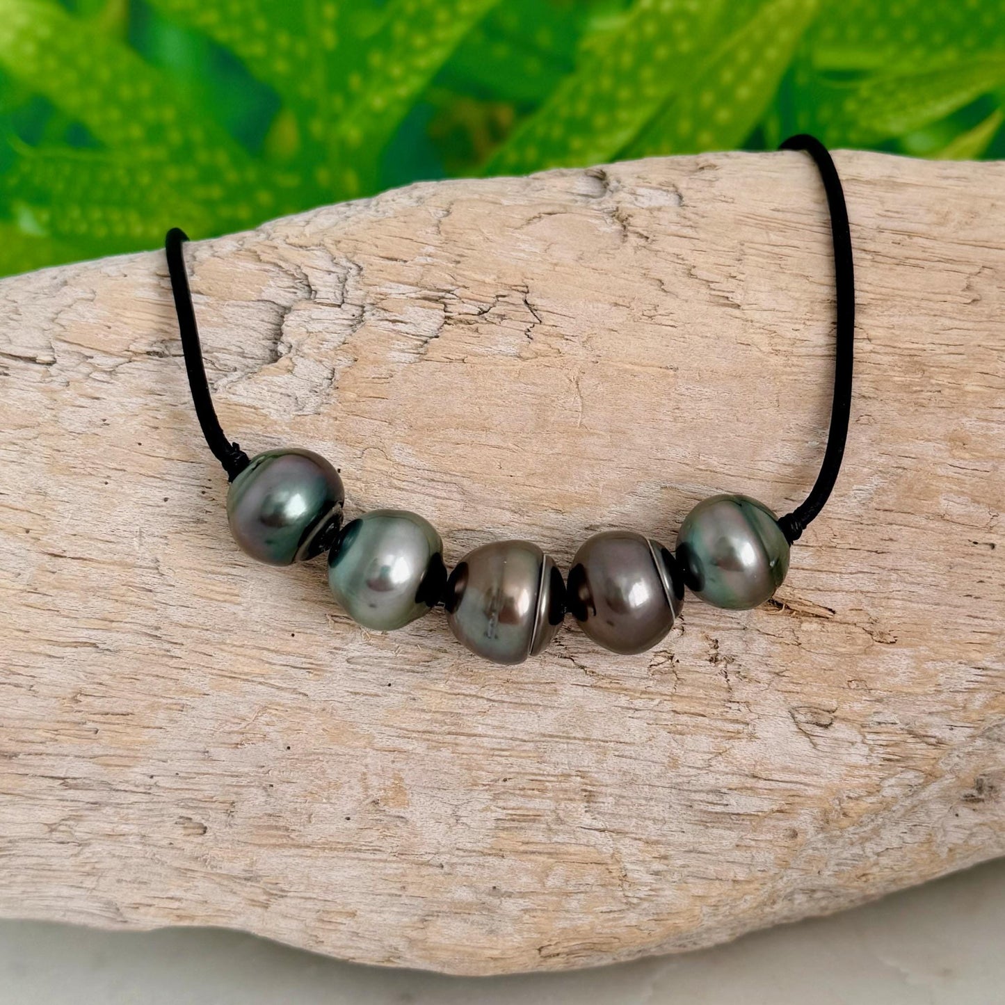Tahitian pearl leather necklace • Big 13mm+ • black cord jewelry