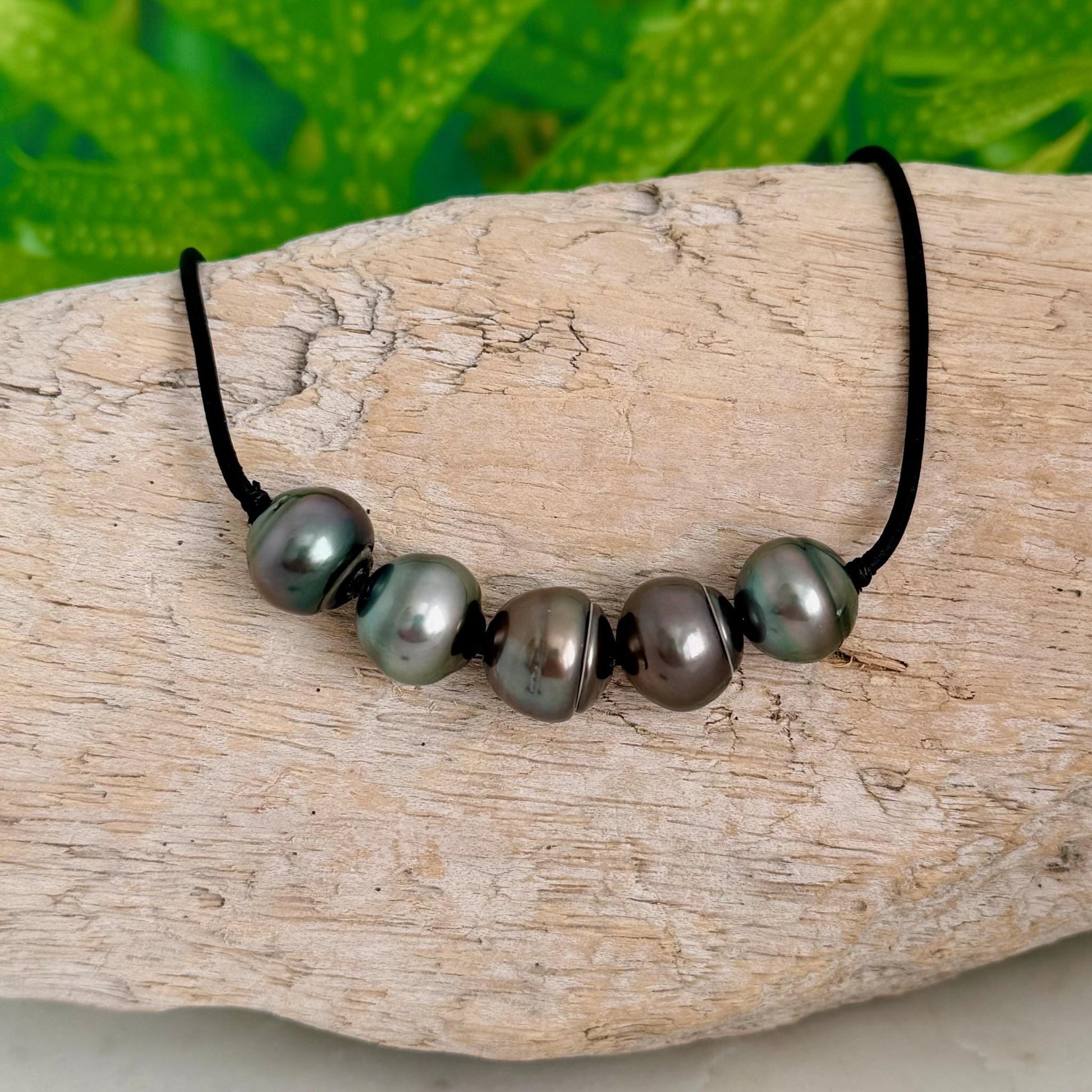 Tahitian pearl leather necklace • Big 13mm+ • black cord jewelry