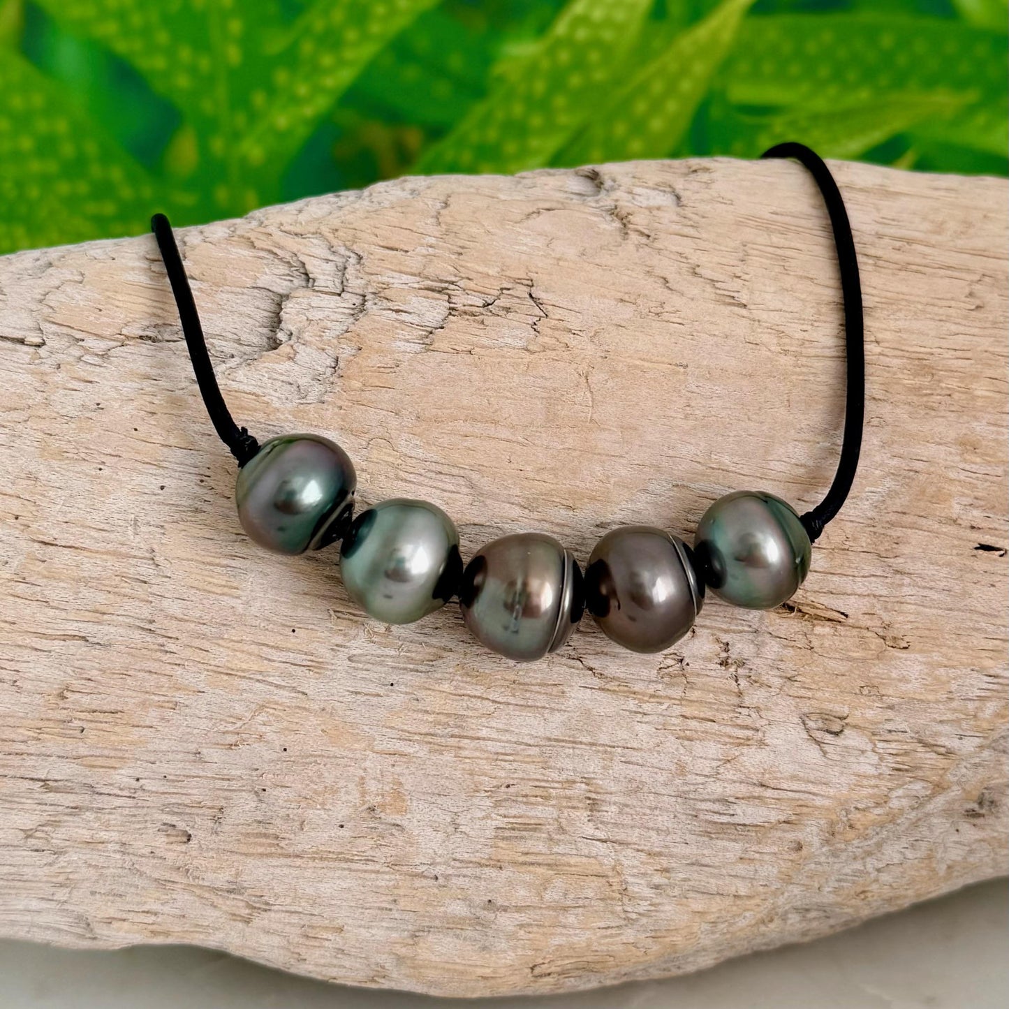 Tahitian pearl leather necklace • Big 13mm+ • black cord jewelry
