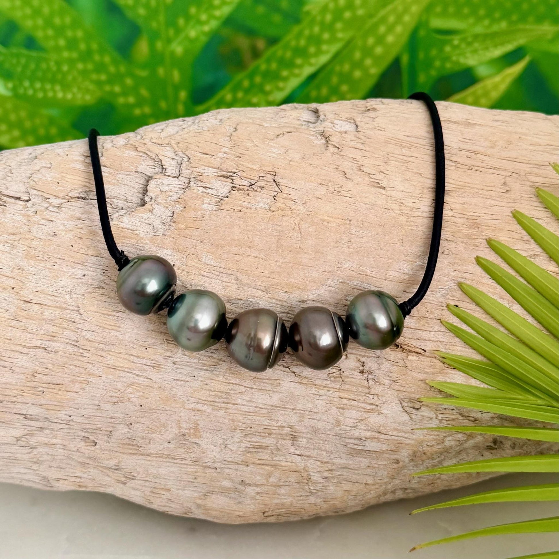 Tahitian pearl leather necklace • Big 13mm+ • black cord jewelry
