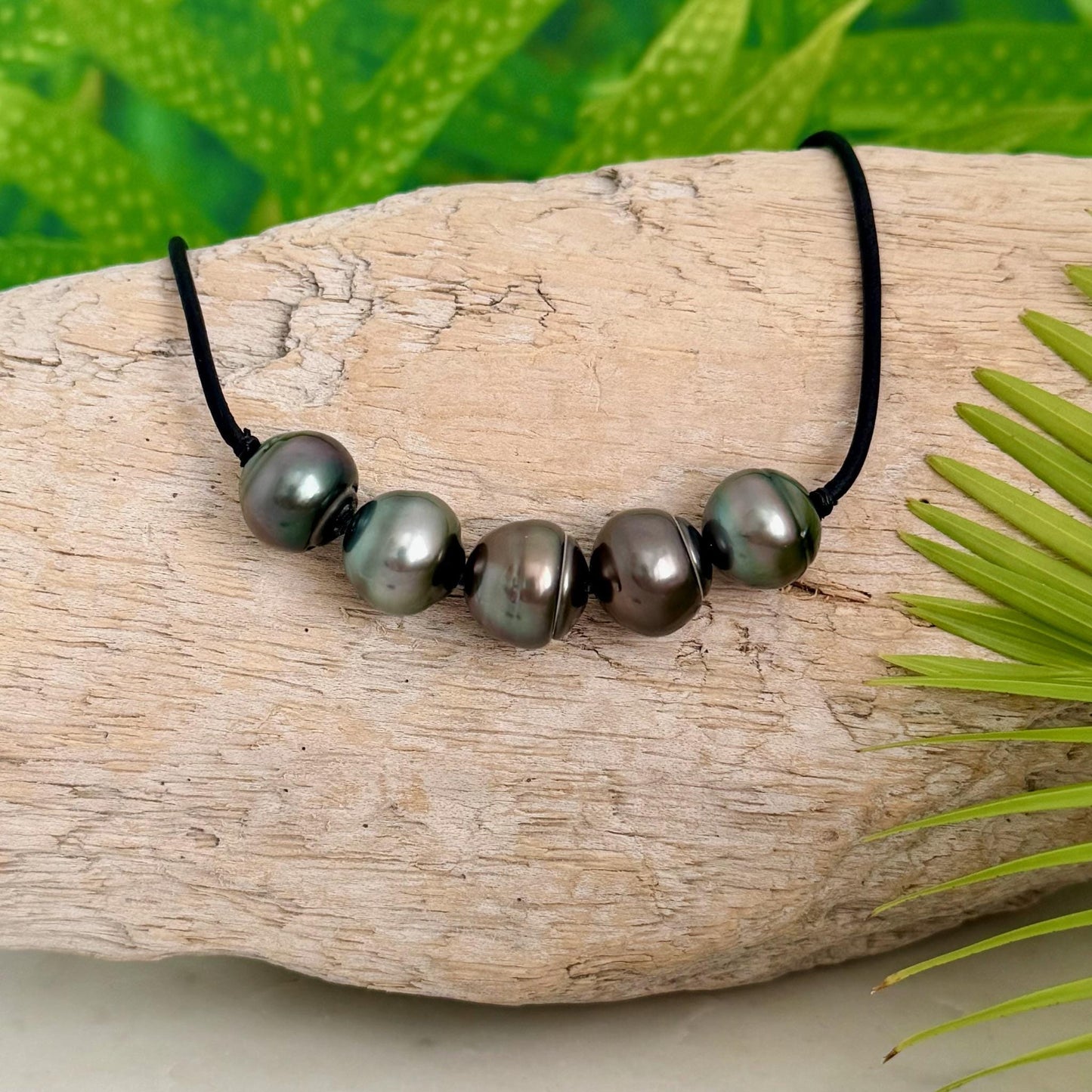 Tahitian pearl leather necklace • Big 13mm+ • black cord jewelry