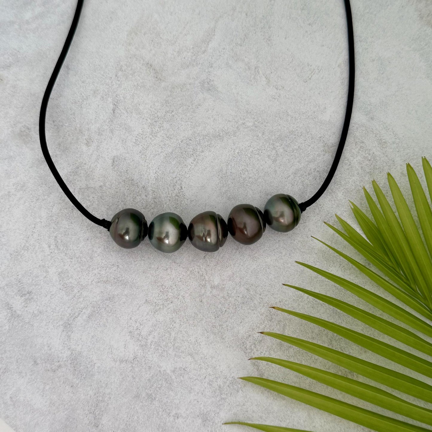 Tahitian pearl leather necklace • Big 13mm+ • black cord jewelry