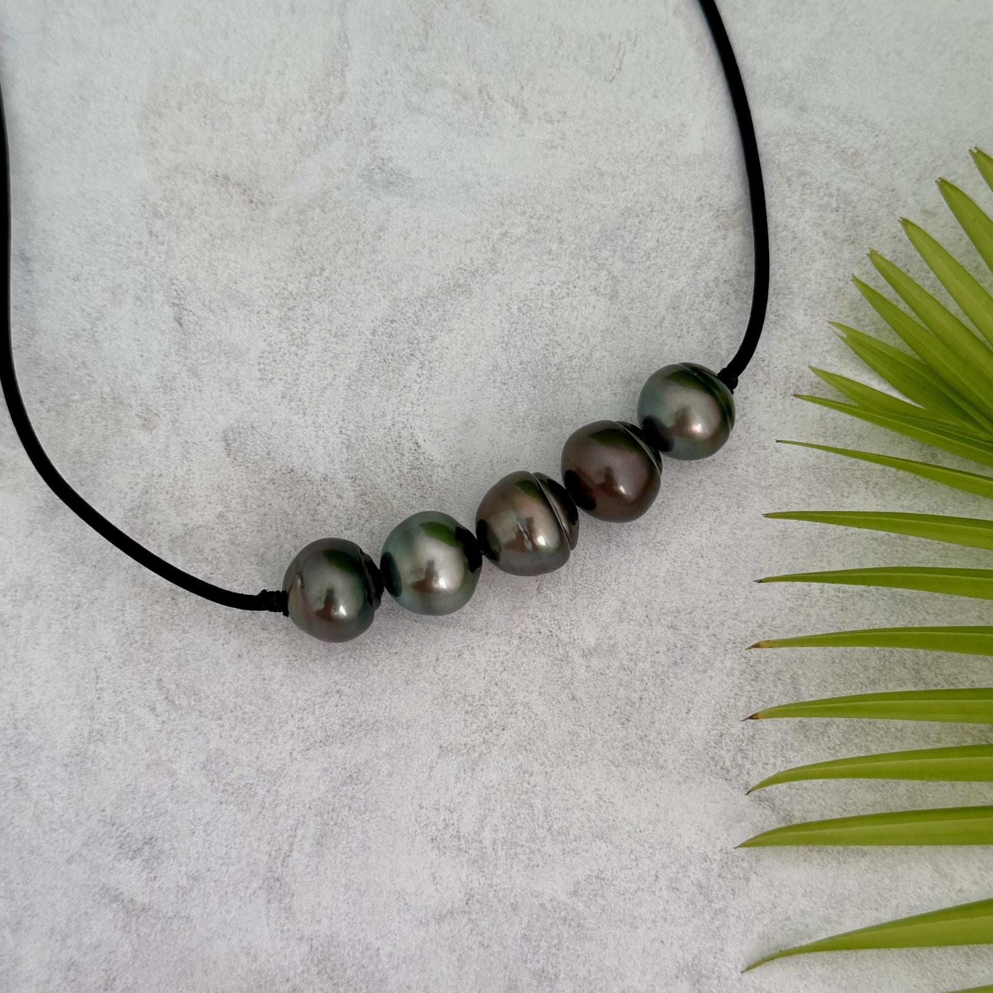 Tahitian pearl leather necklace • Big 13mm+ • black cord jewelry