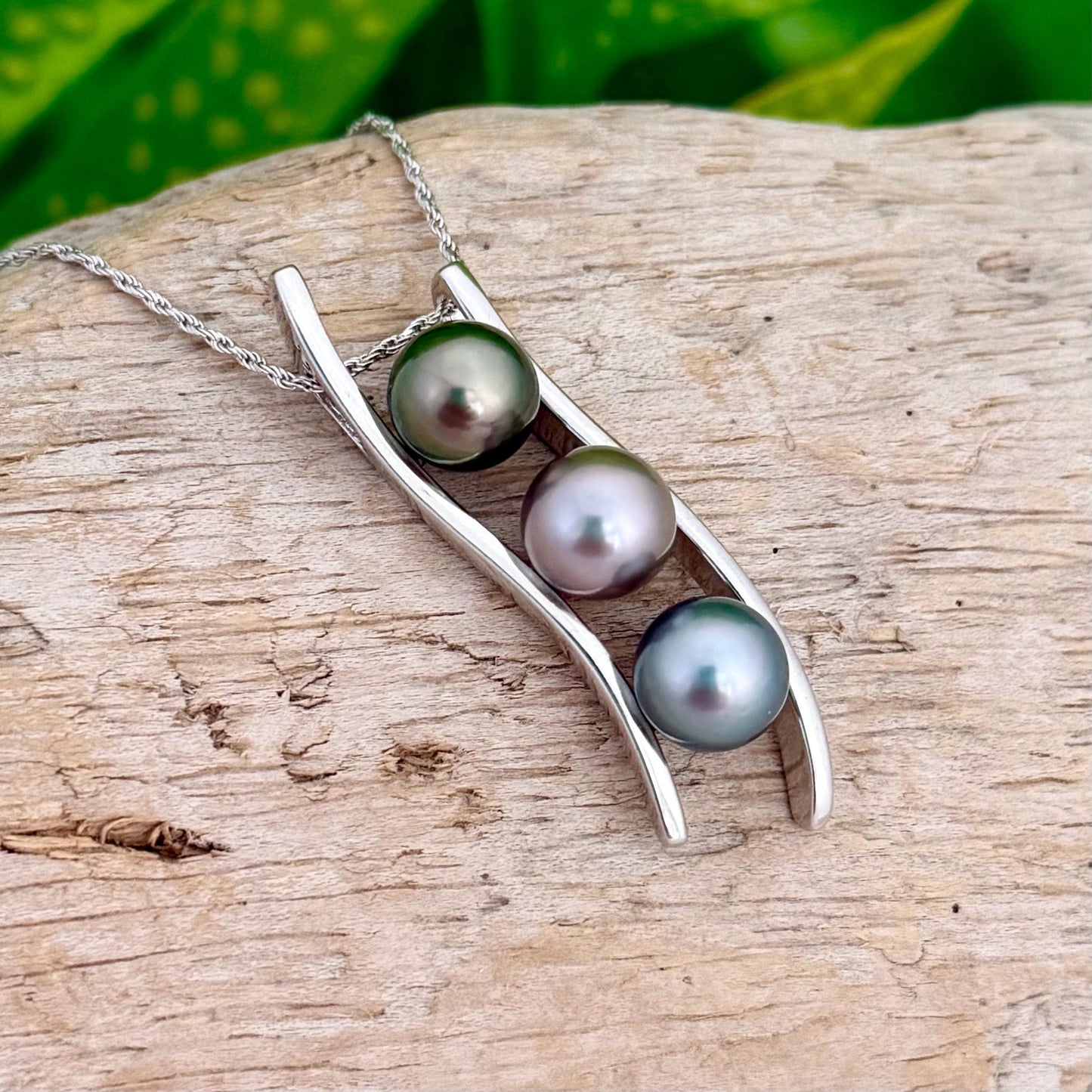 Triple Tahitian Pearl Necklace • RARE colorful pendant • Sterling silver • Blue, Green and Pink