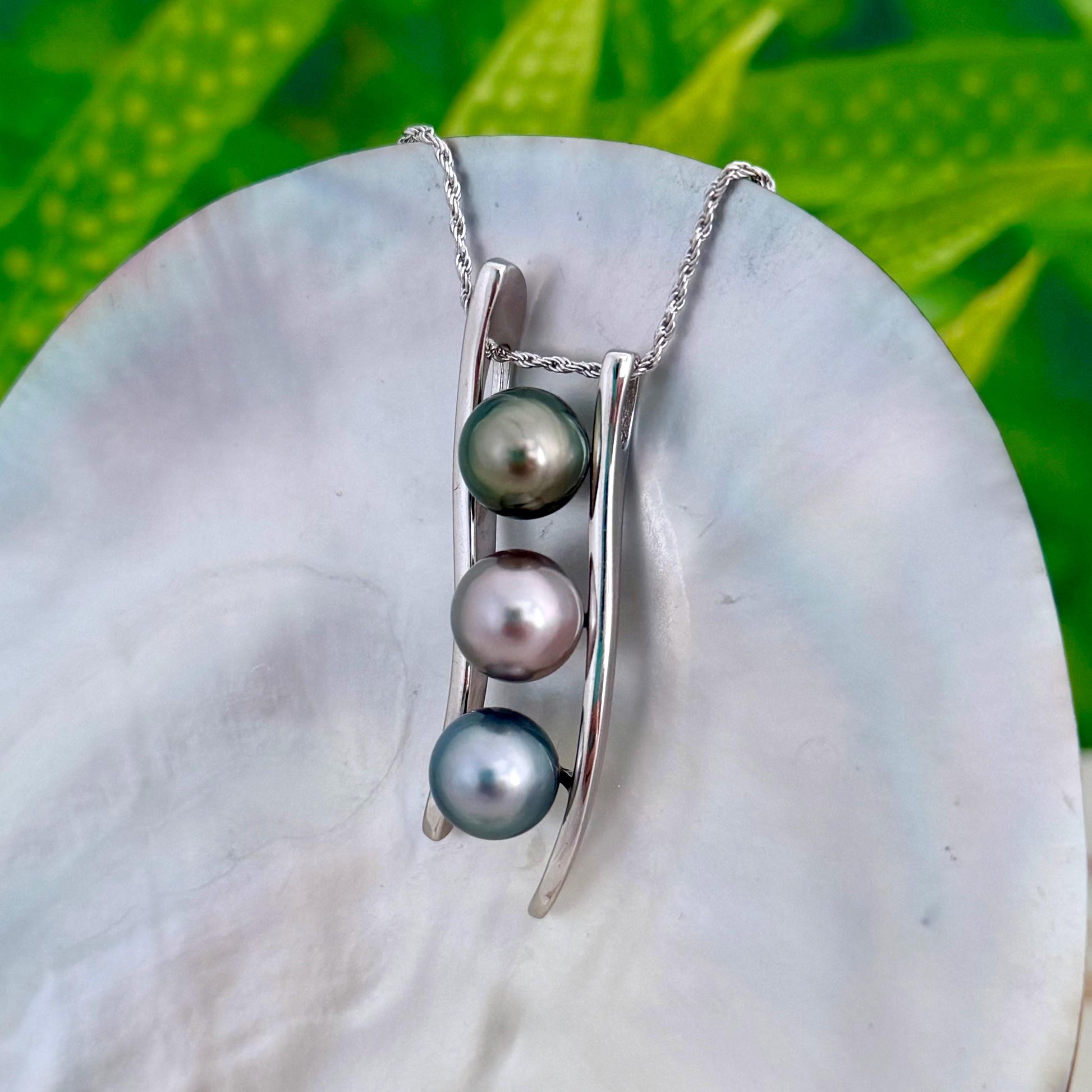 Triple Tahitian Pearl Necklace • RARE colorful pendant • Sterling silver • Blue, Green and Pink