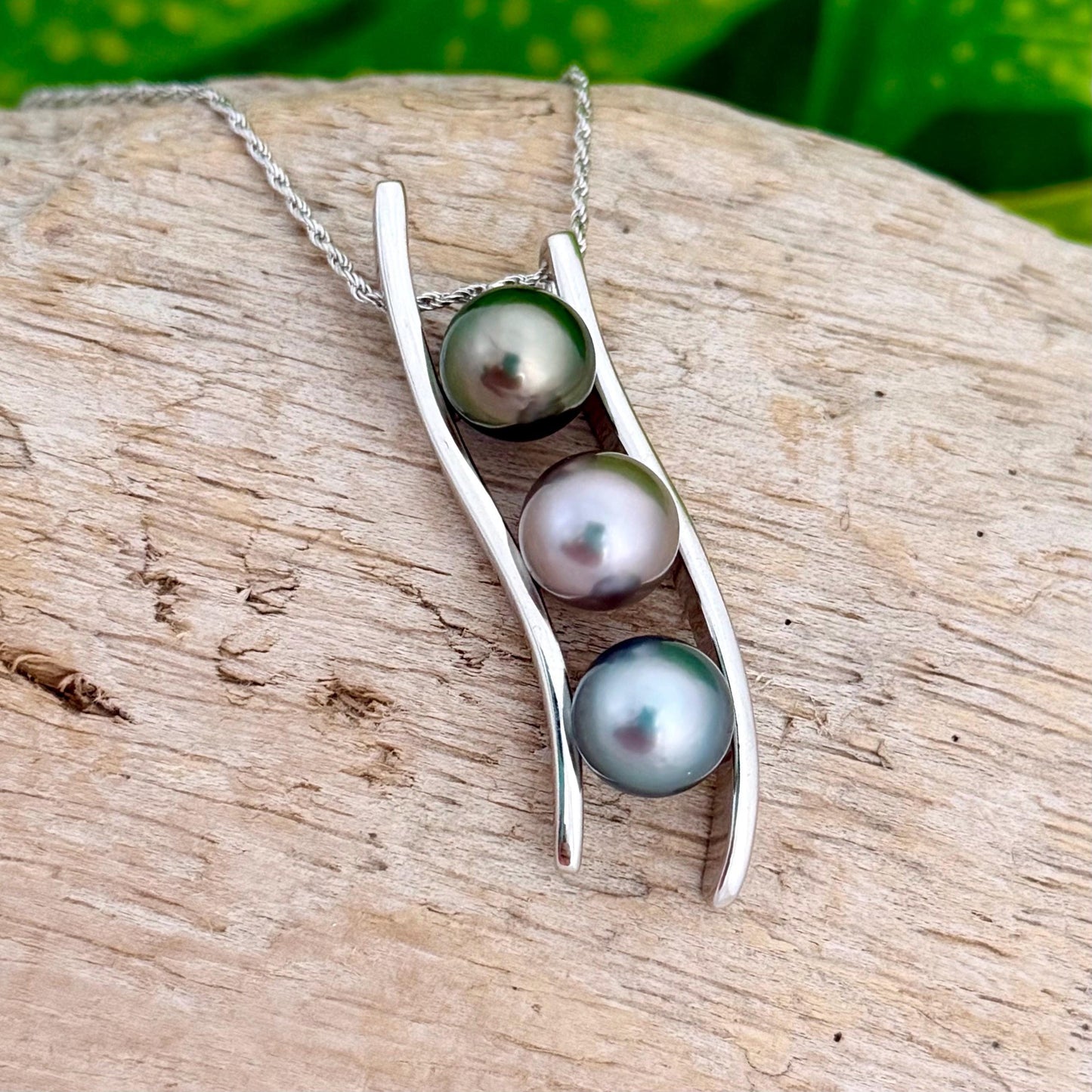 Triple Tahitian Pearl Necklace • RARE colorful pendant • Sterling silver • Blue, Green and Pink