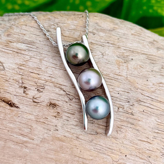 Triple Tahitian Pearl Necklace • RARE colorful pendant • Sterling silver • Blue, Green and Pink