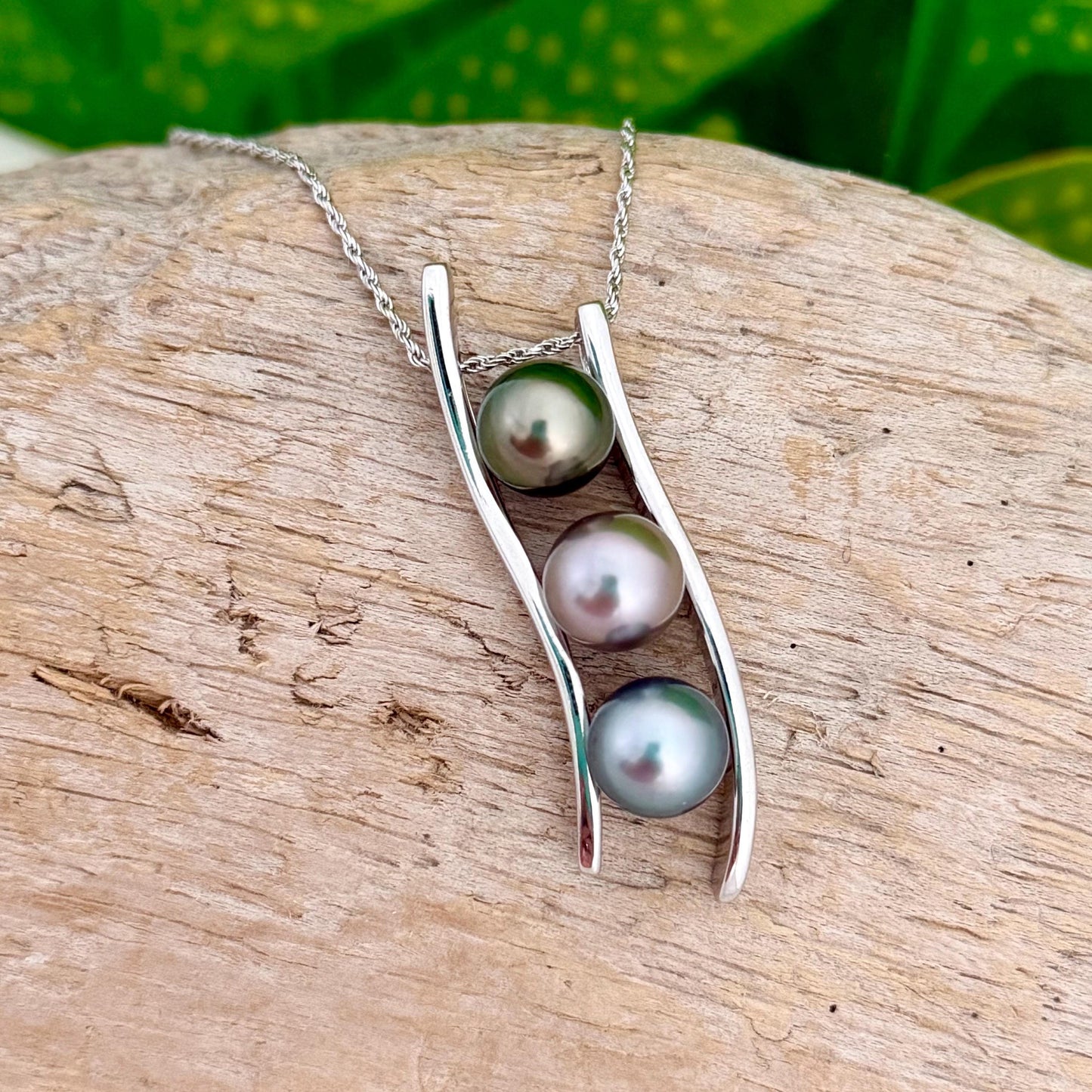 Triple Tahitian Pearl Necklace • RARE colorful pendant • Sterling silver • Blue, Green and Pink