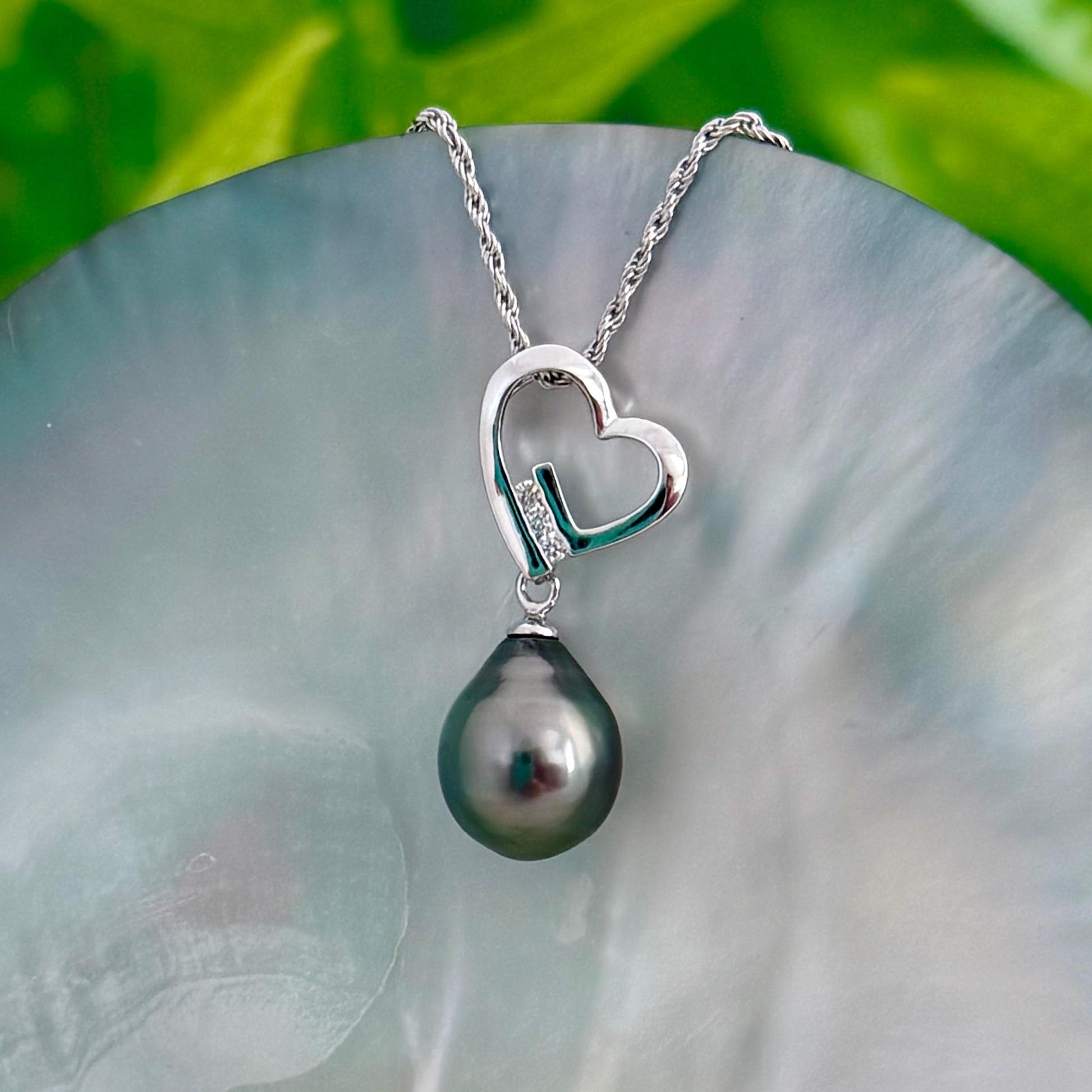 Tahitian Pearl Heart Necklace: Sterling Silver , CZ Accent pendant