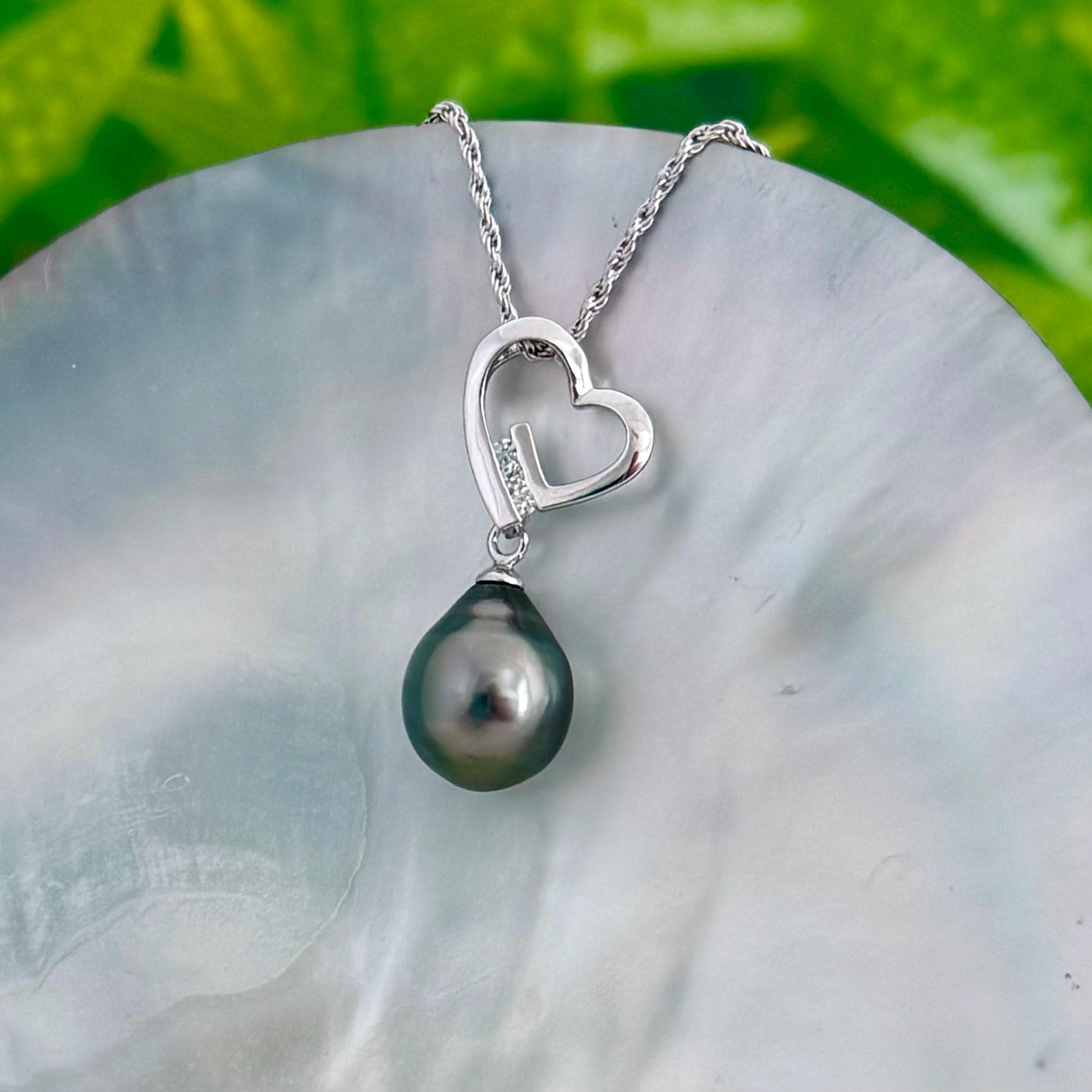 Tahitian Pearl Heart Necklace: Sterling Silver , CZ Accent pendant