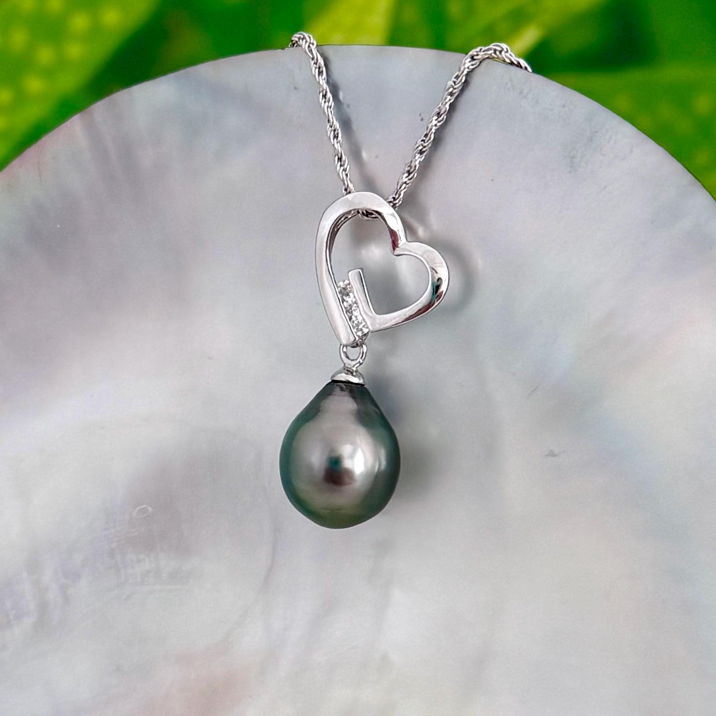 Tahitian Pearl Heart Necklace: Sterling Silver , CZ Accent pendant